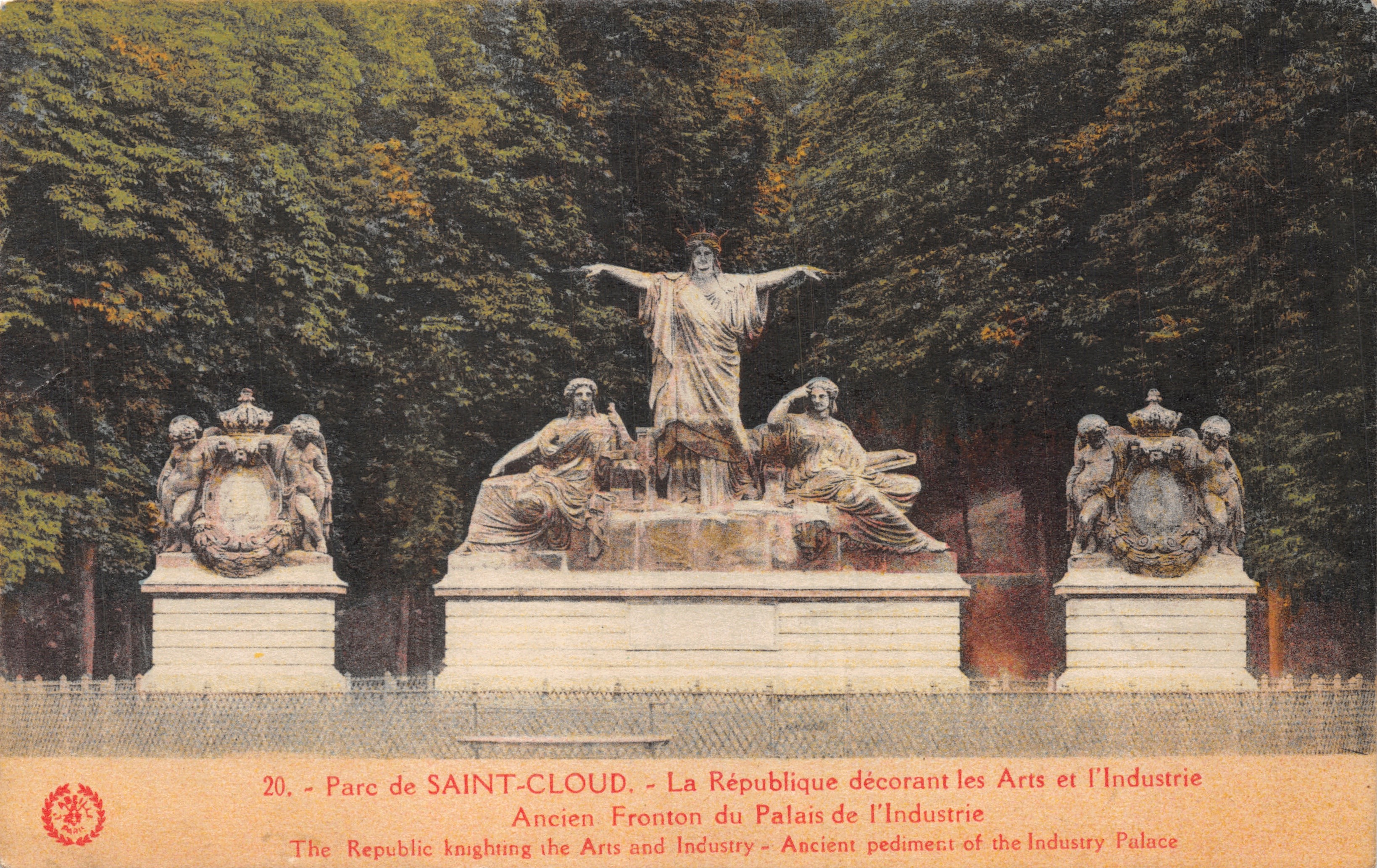 Park van SAINT-CLLOUD — Oude fronton van het Paleis van de Industrie — Imp. phot. L’Abeille, Parijs