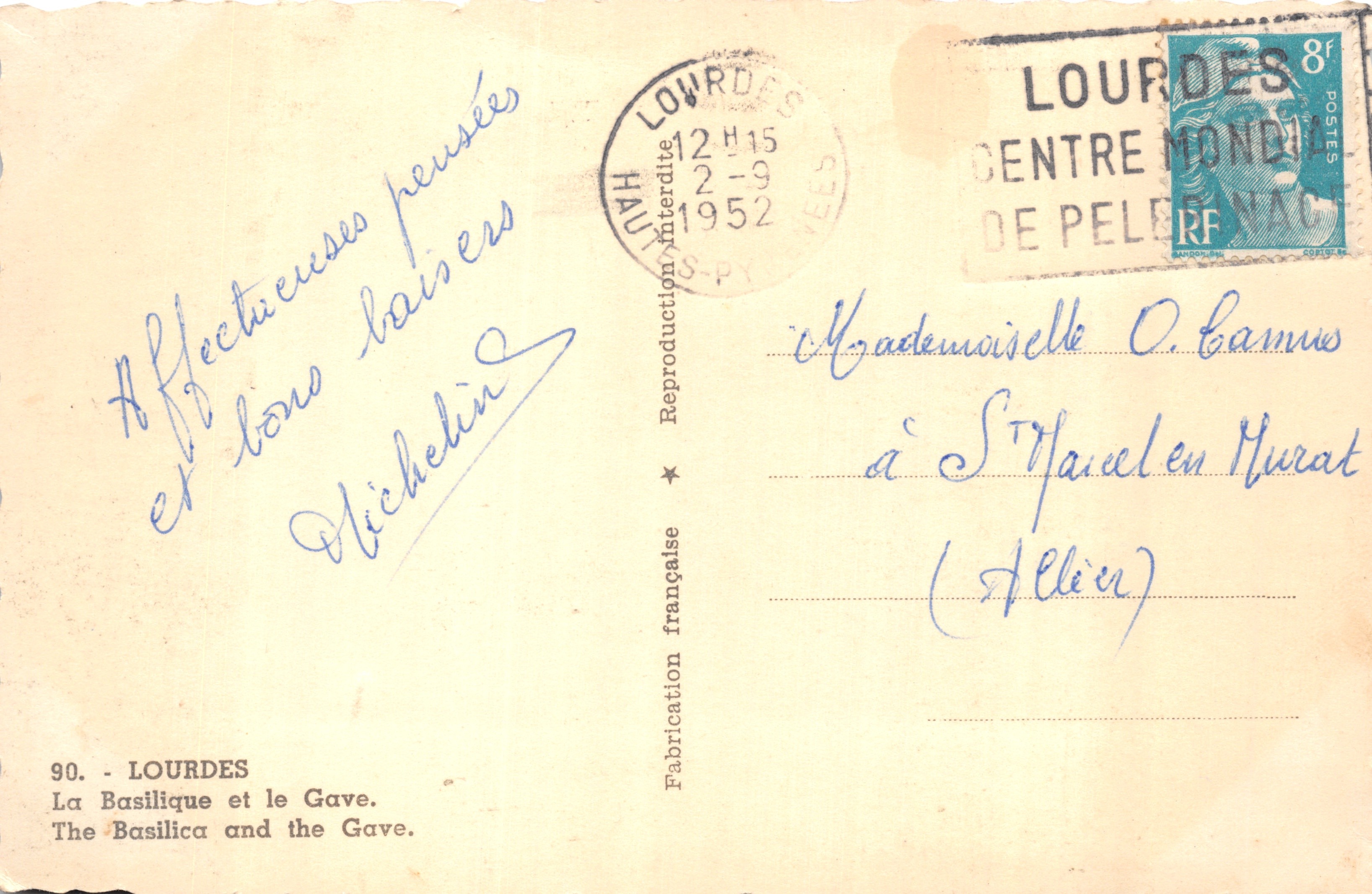 Lourdes — La Basilica e il Gave — Michelin, n°90 — Verso