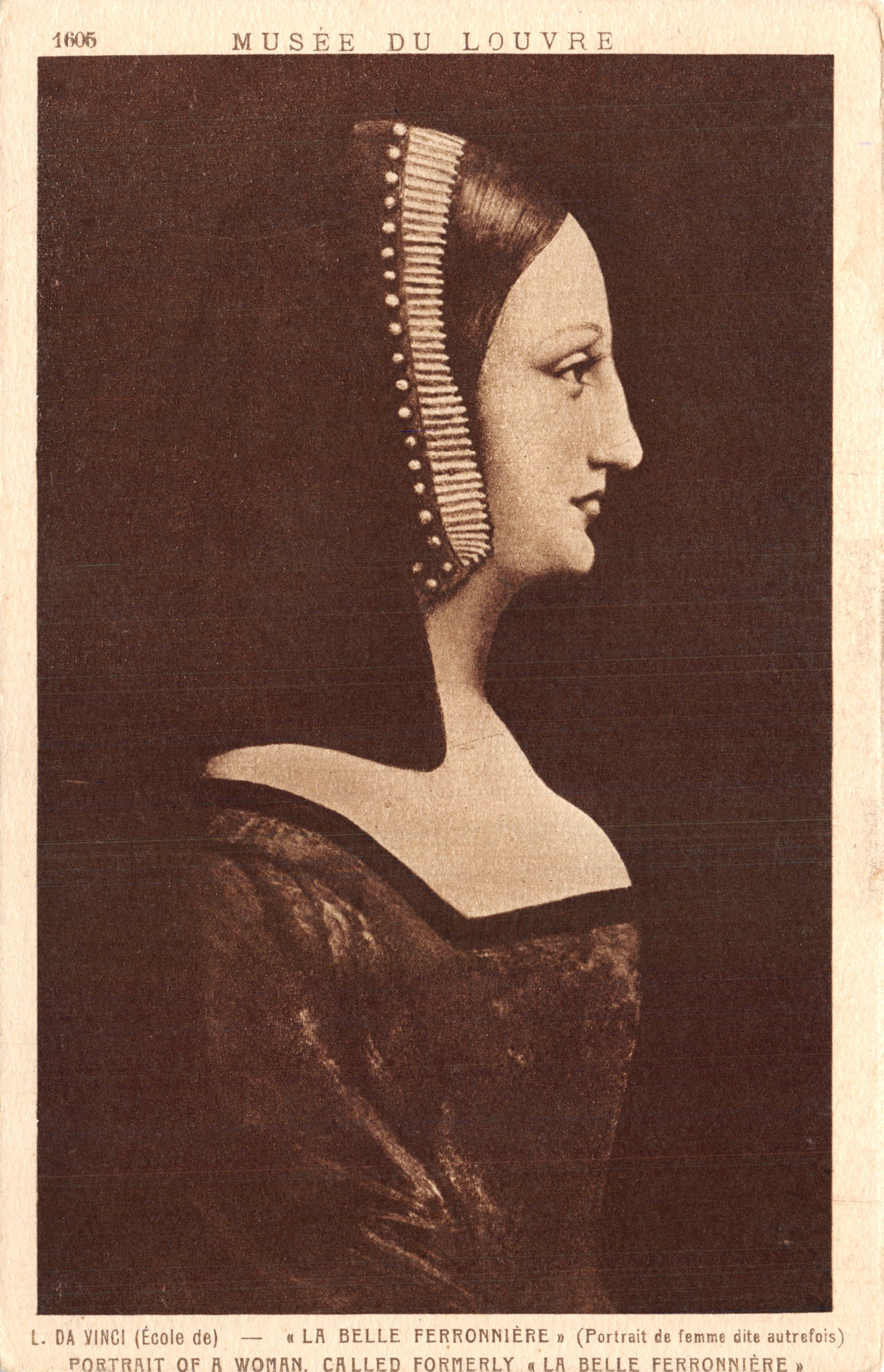 Museo del Louvre — Retrato de una mujer conocida anteriormente como La Belle Ferronnière — editor Braun & Cie, Imp. Edit. Paris, n.º 11605