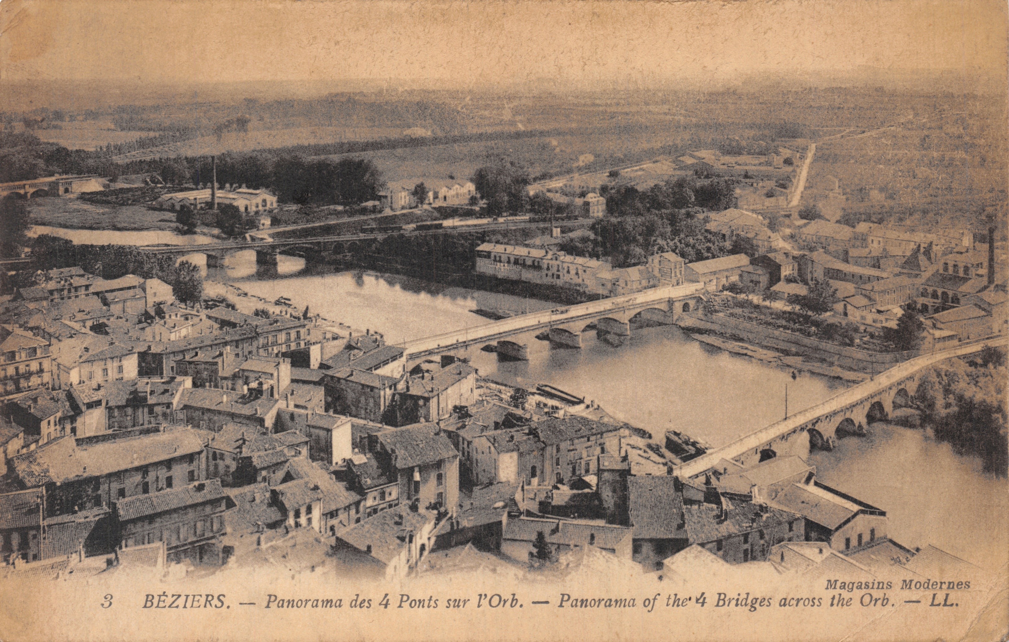Béziers — Panorama de los 4 Puentes sobre el Orb — Tiendas Modernas — LL