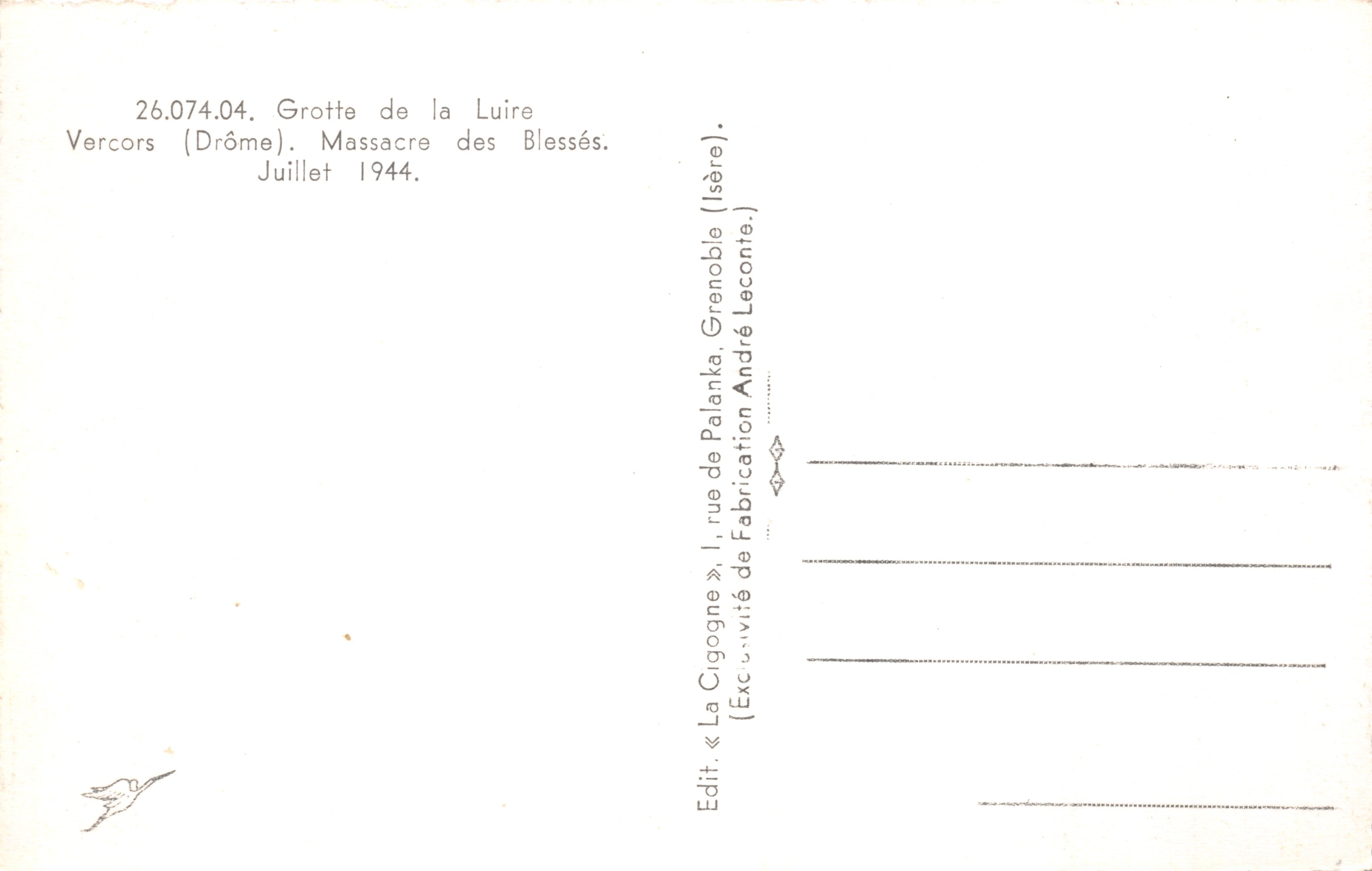 Grotte de la Luire - Vercors (Drôme) — Massacring van Wonden — uitgever LA CIGOGNE — Achterkant