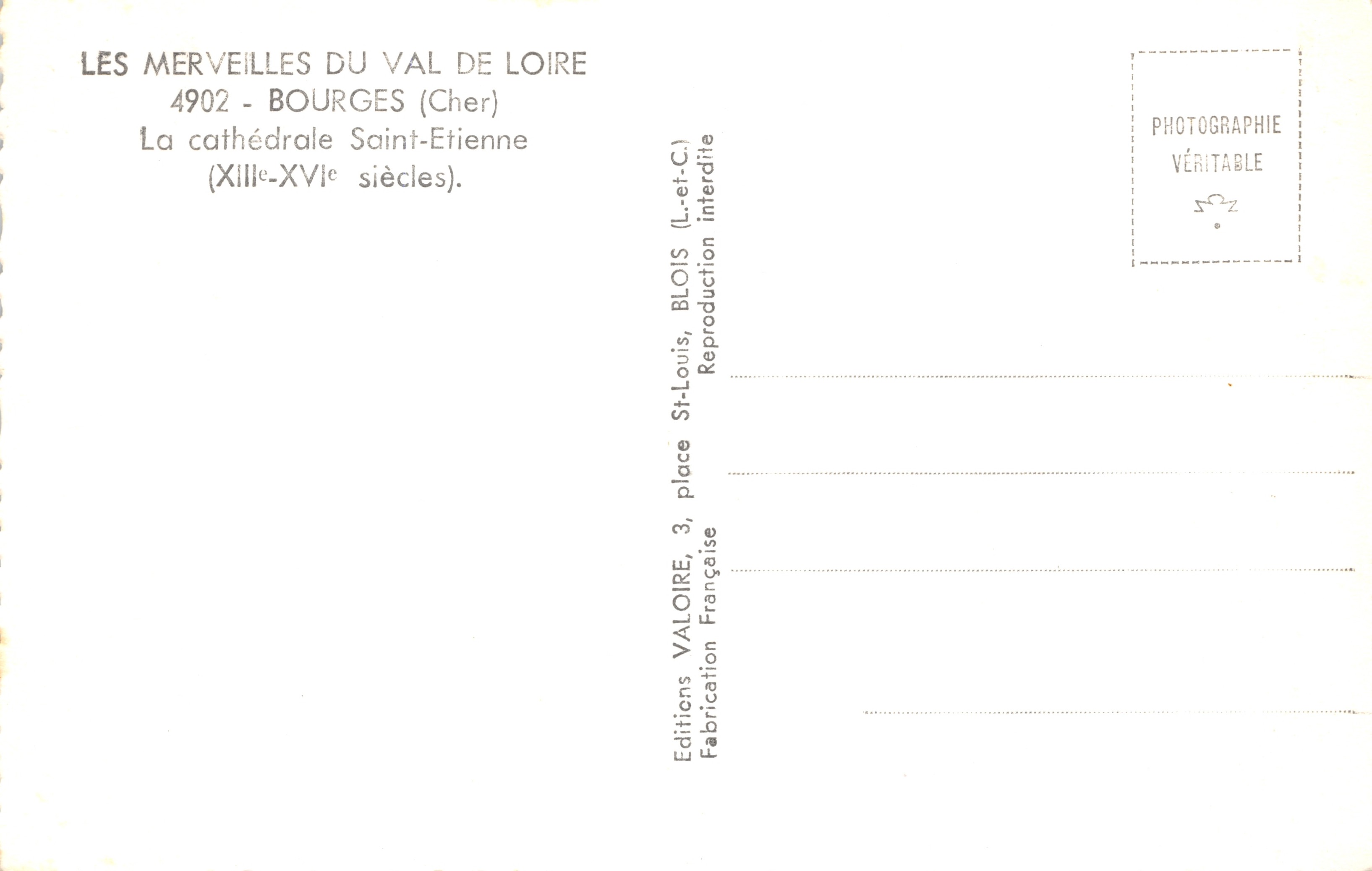 Cathedral Saint-Étienne of Bourges — Gothic facade with tower and rose window — publisher VALOIRE — Back