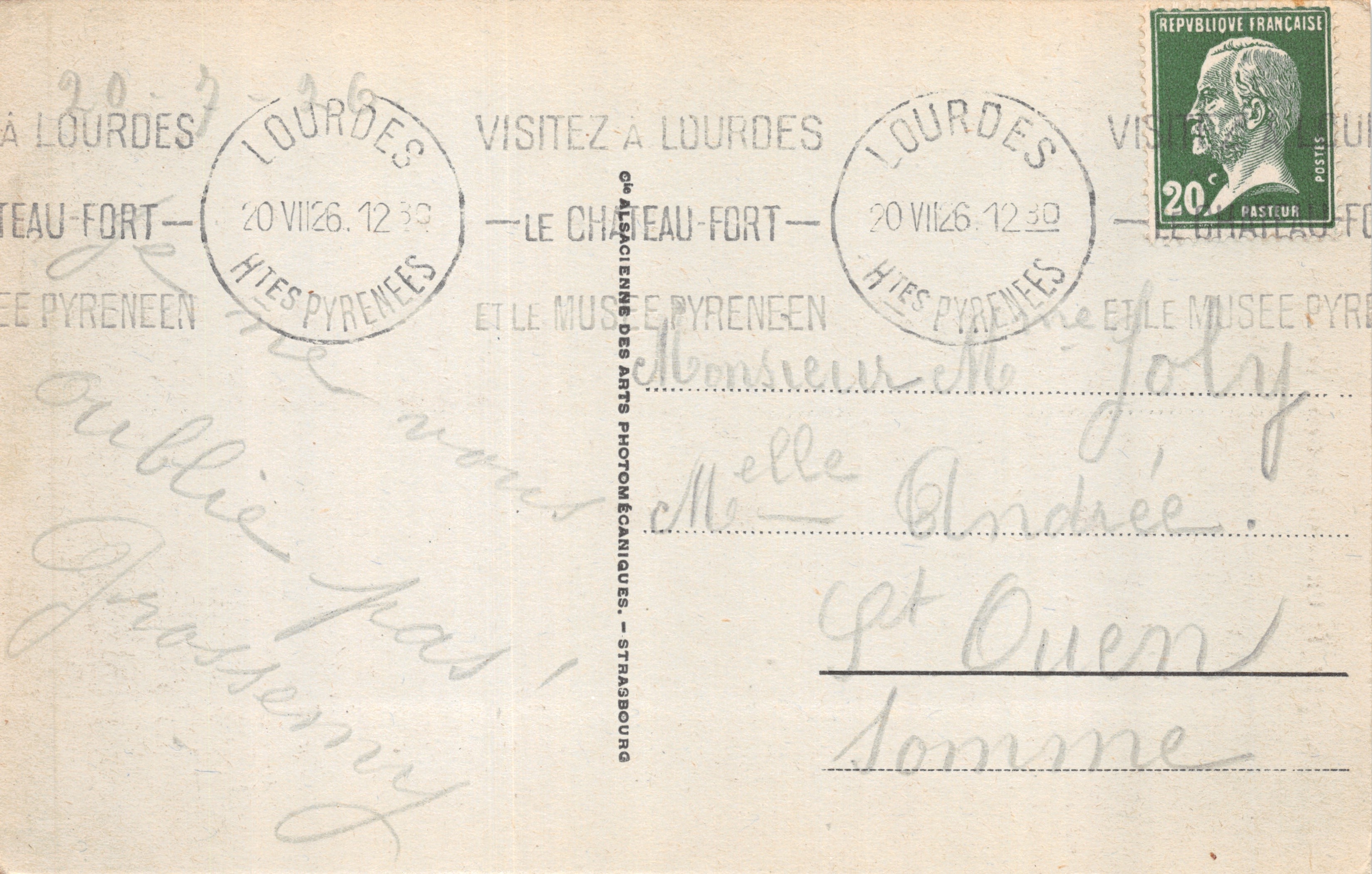 Lourdes - La Grotta e la Basilica — editore: Alsciencien Arts Photomécaniques, Strasburgo, n. 27 — Verso
