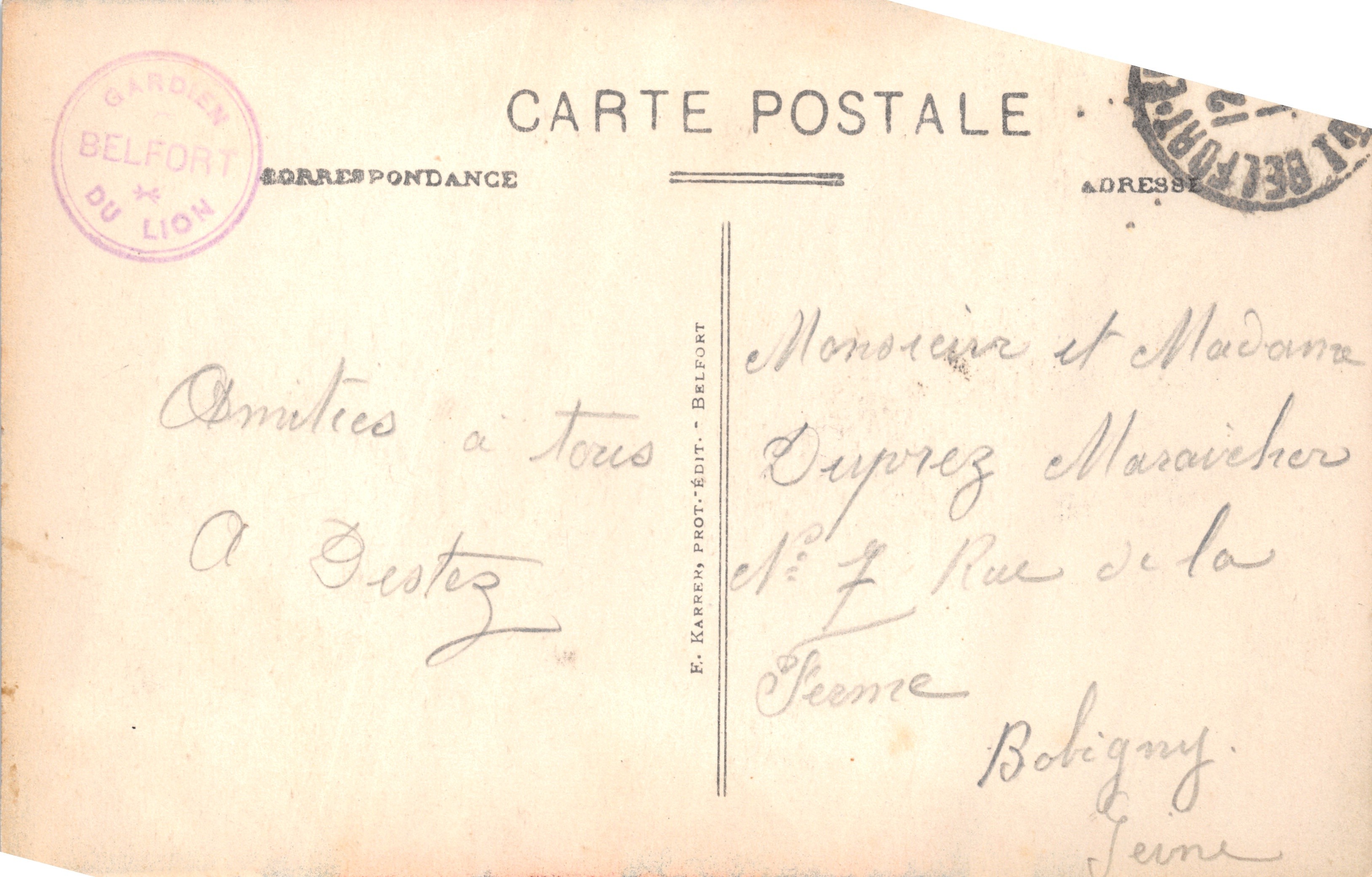Belfort (Haut-Rhin) - Monumento "Quand-Même" - Editore E. Karrem, prot. Belfort — Verso