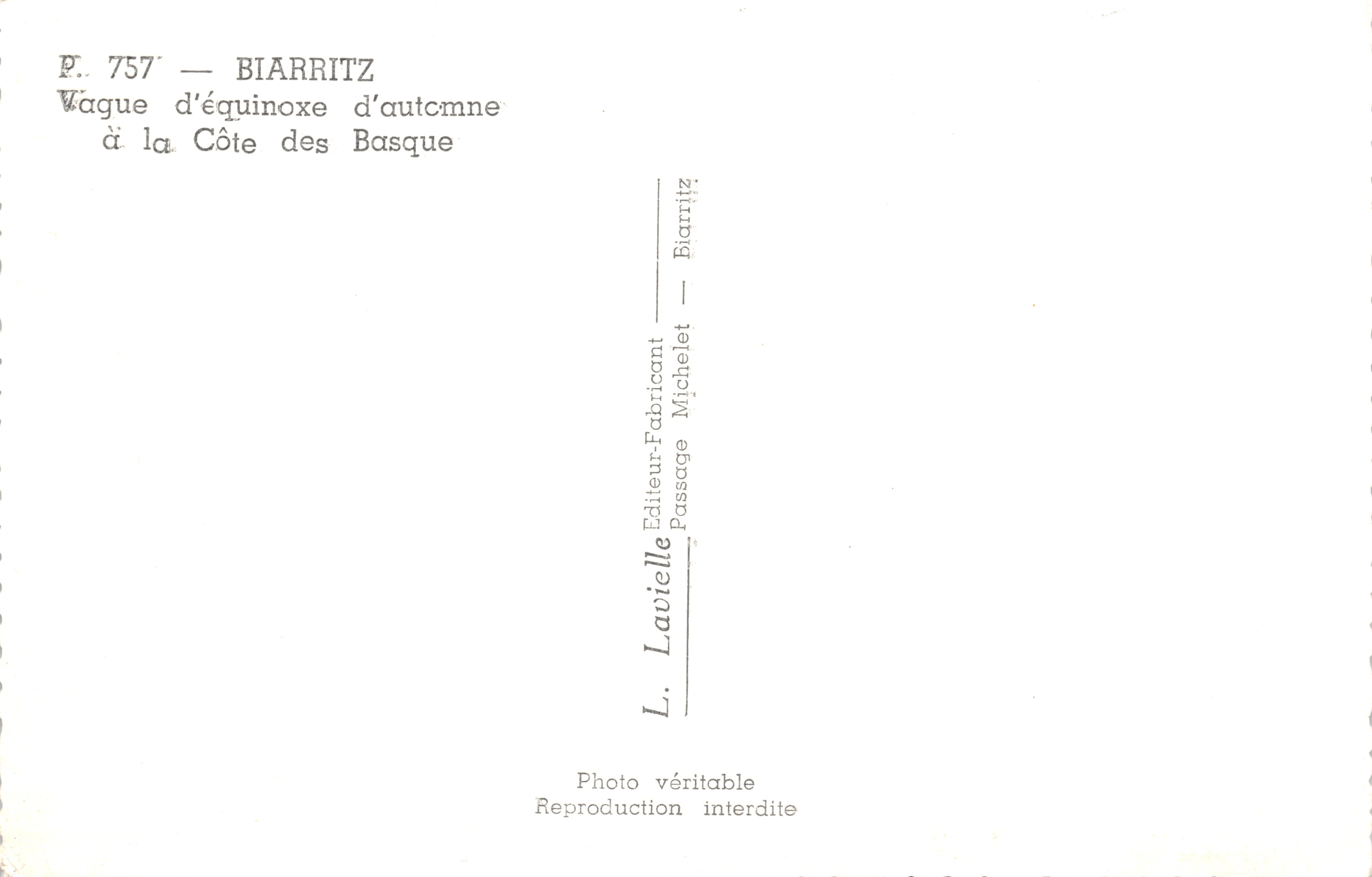 Marea di equinozio alla Côte des Basques — Biarritz — editore Lavielle — Verso