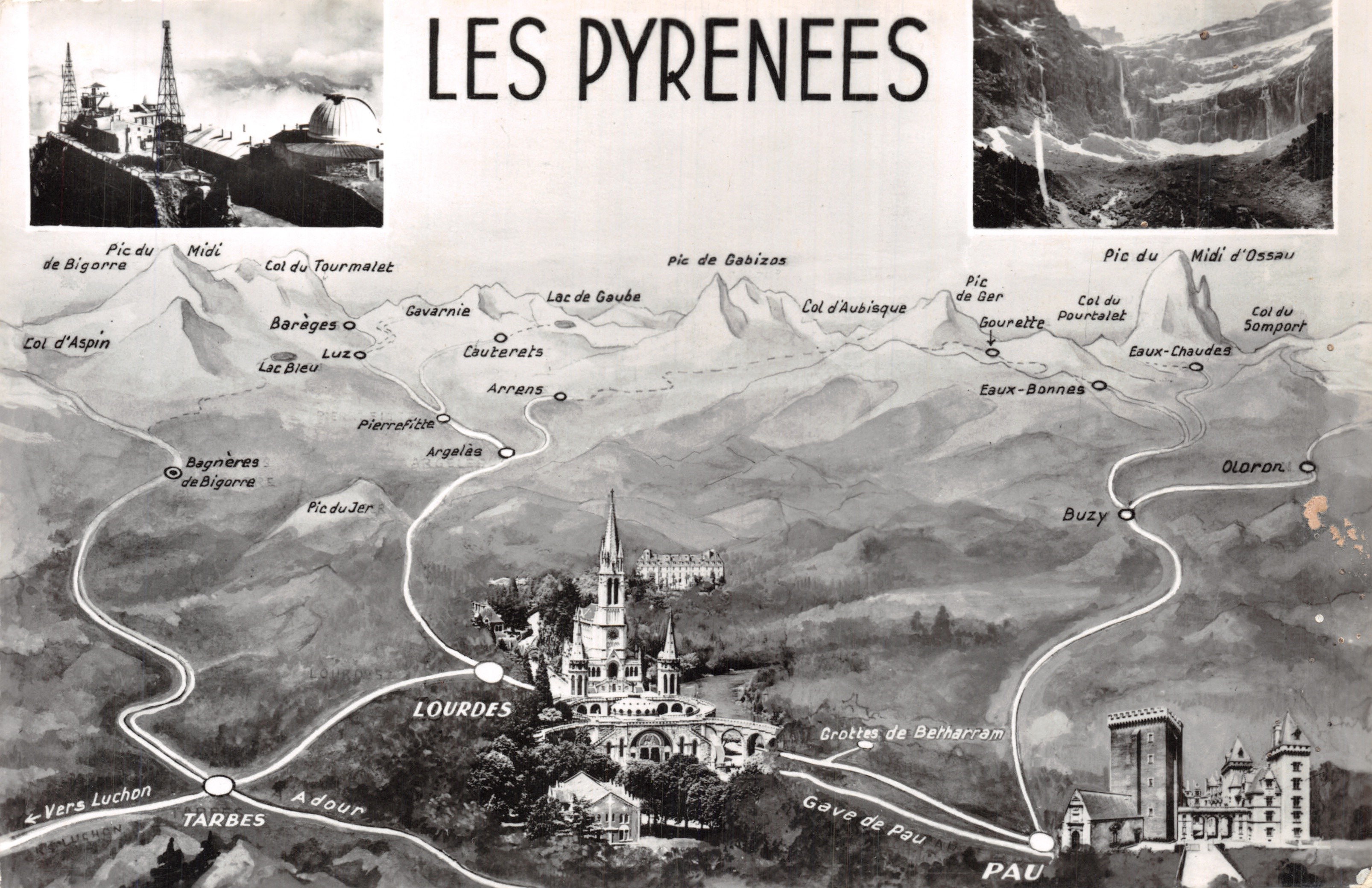 Die Pyrenäen — illustrierte Ansichtskarte mit Routen und Sehenswürdigkeiten — Cie des Arts Photomécaniques, 44 rue Letellier, Paris 15e