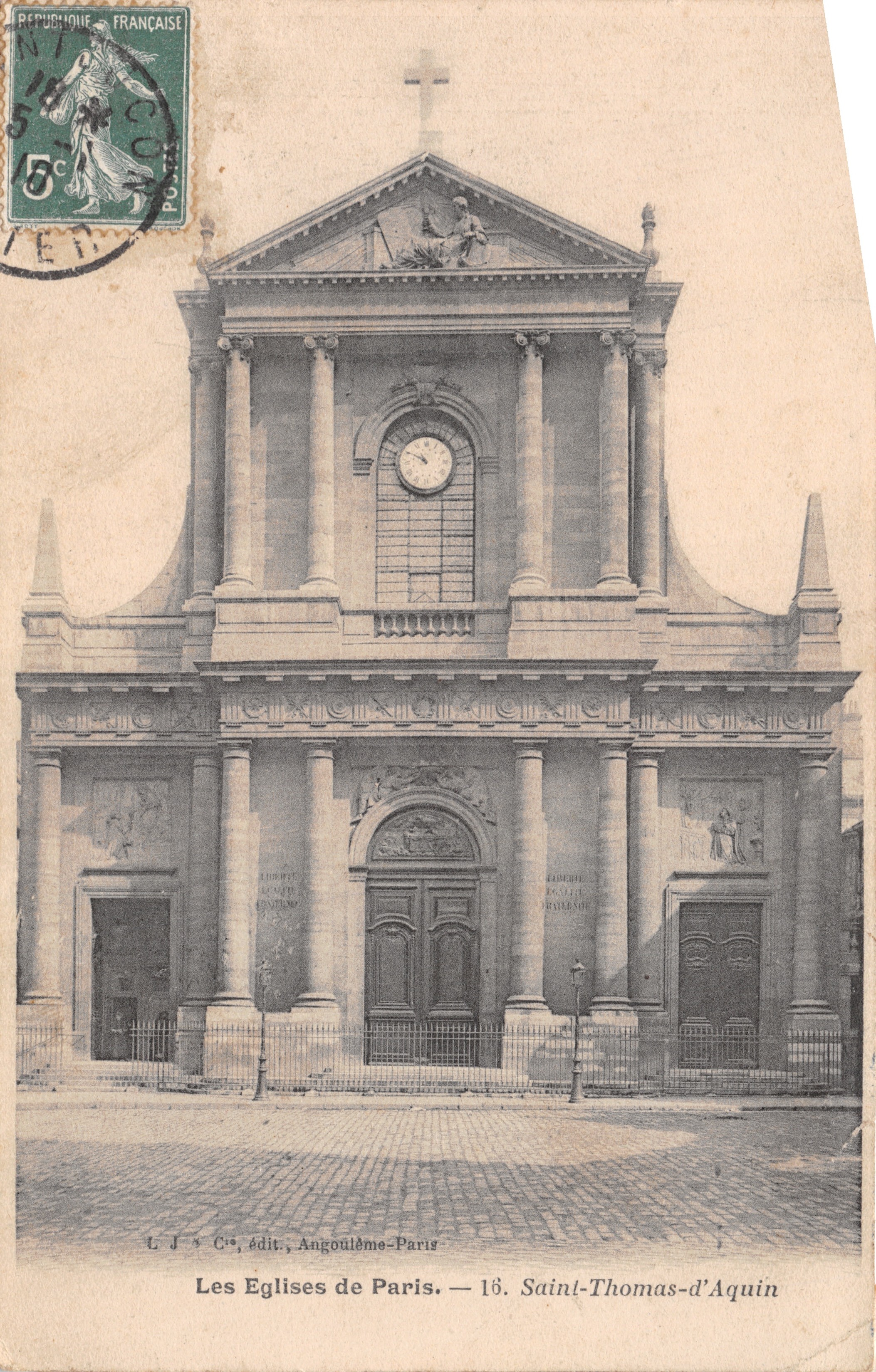 Chiesa Saint-Thomas-d'Aquin — facciata neoclassica con orologio — L. J. S. C°, edito Angoulême-Paris — n. 16