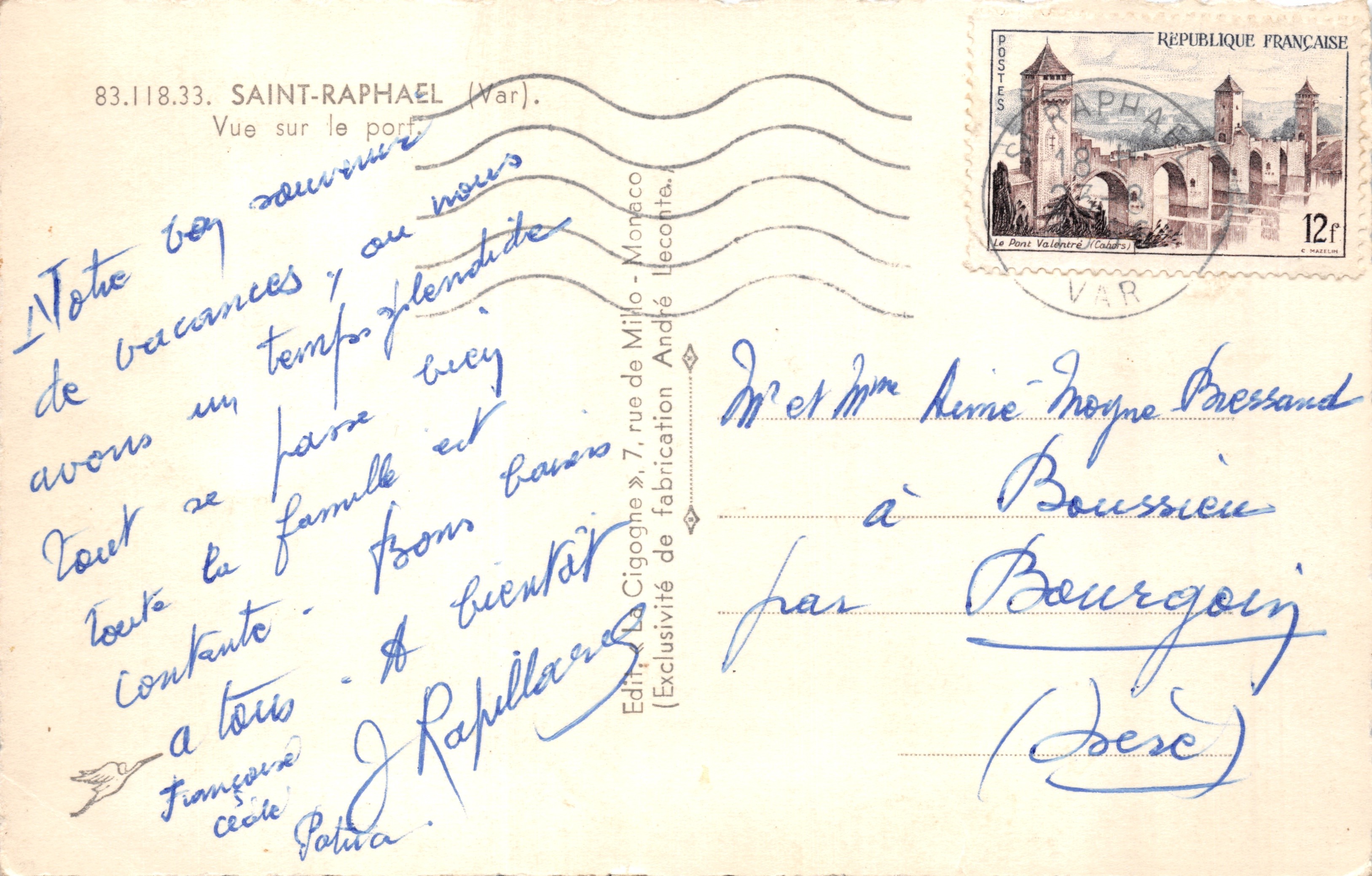 Saint-Raphaël — vista del porto con hotel e veliero — La Cigogne — Verso