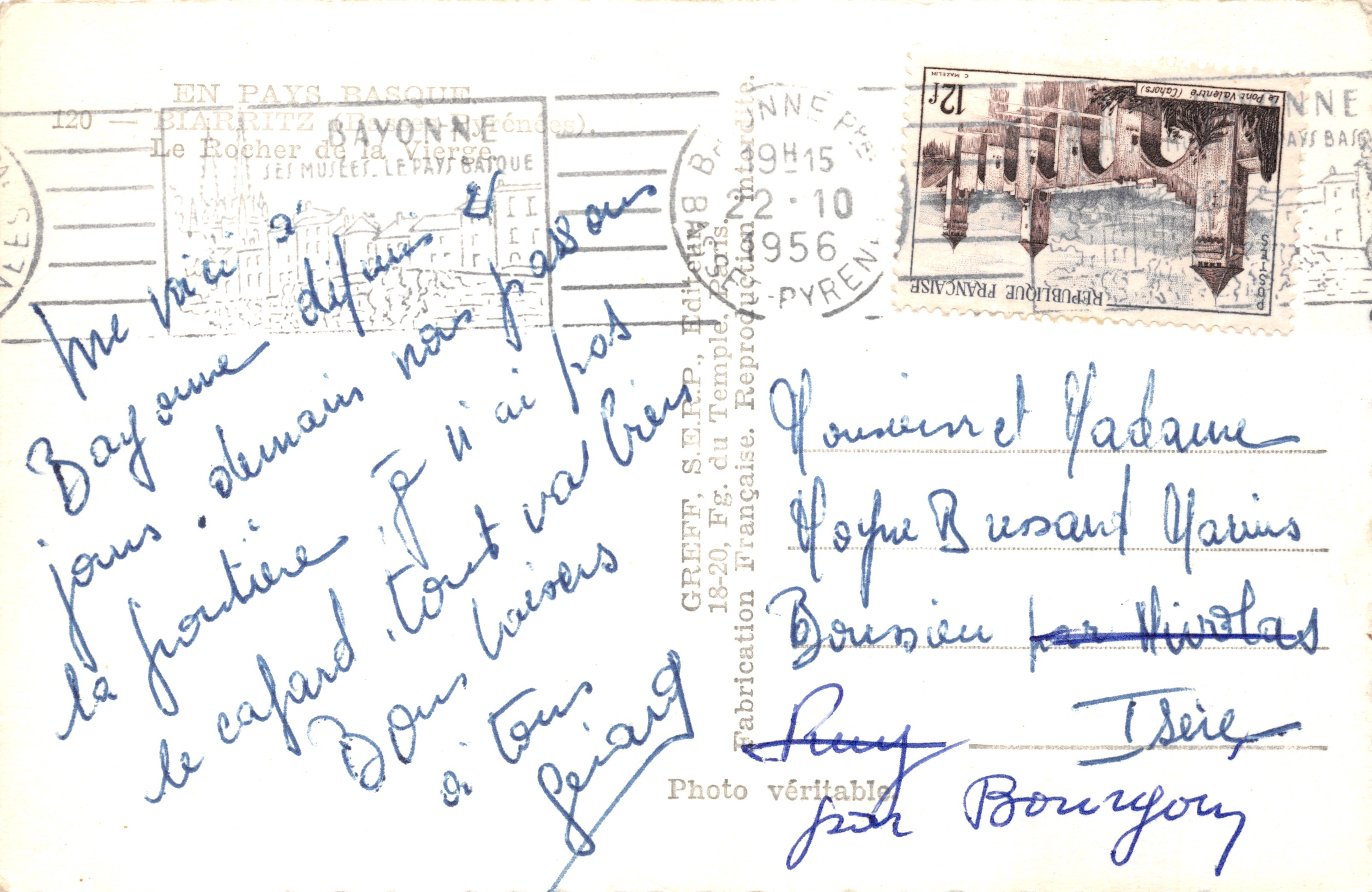 El Rocher de la Virgen — Bayonne — Editor Greff, S.E.R.P., Éditions B. Paris — Reverso