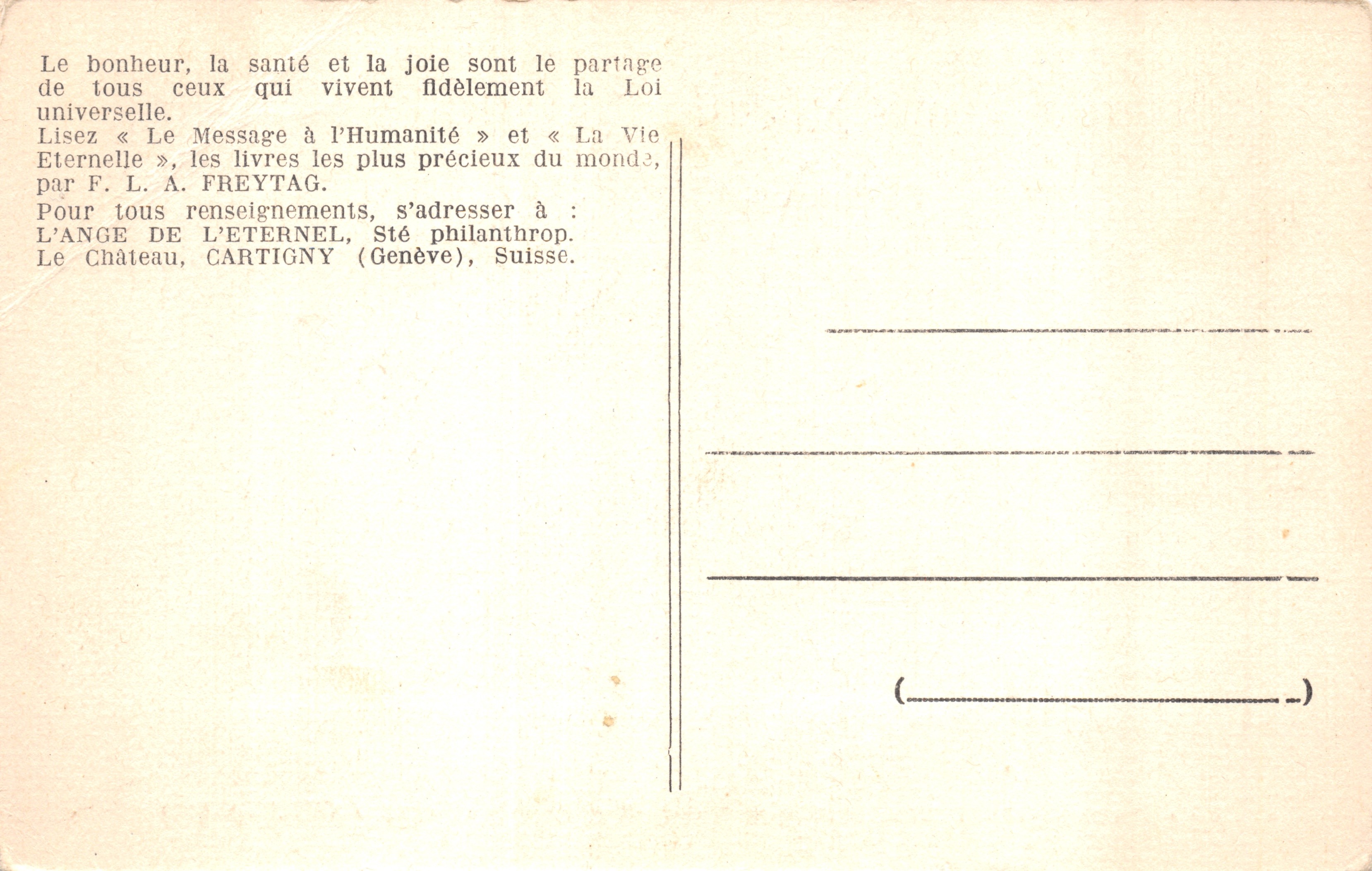 Escena bíblica — « Habitarán cada uno bajo su vid y bajo su higo » (Miqueas 4:4) — editor IMPRESO EN LA TARJETA POSTAL — Reverso