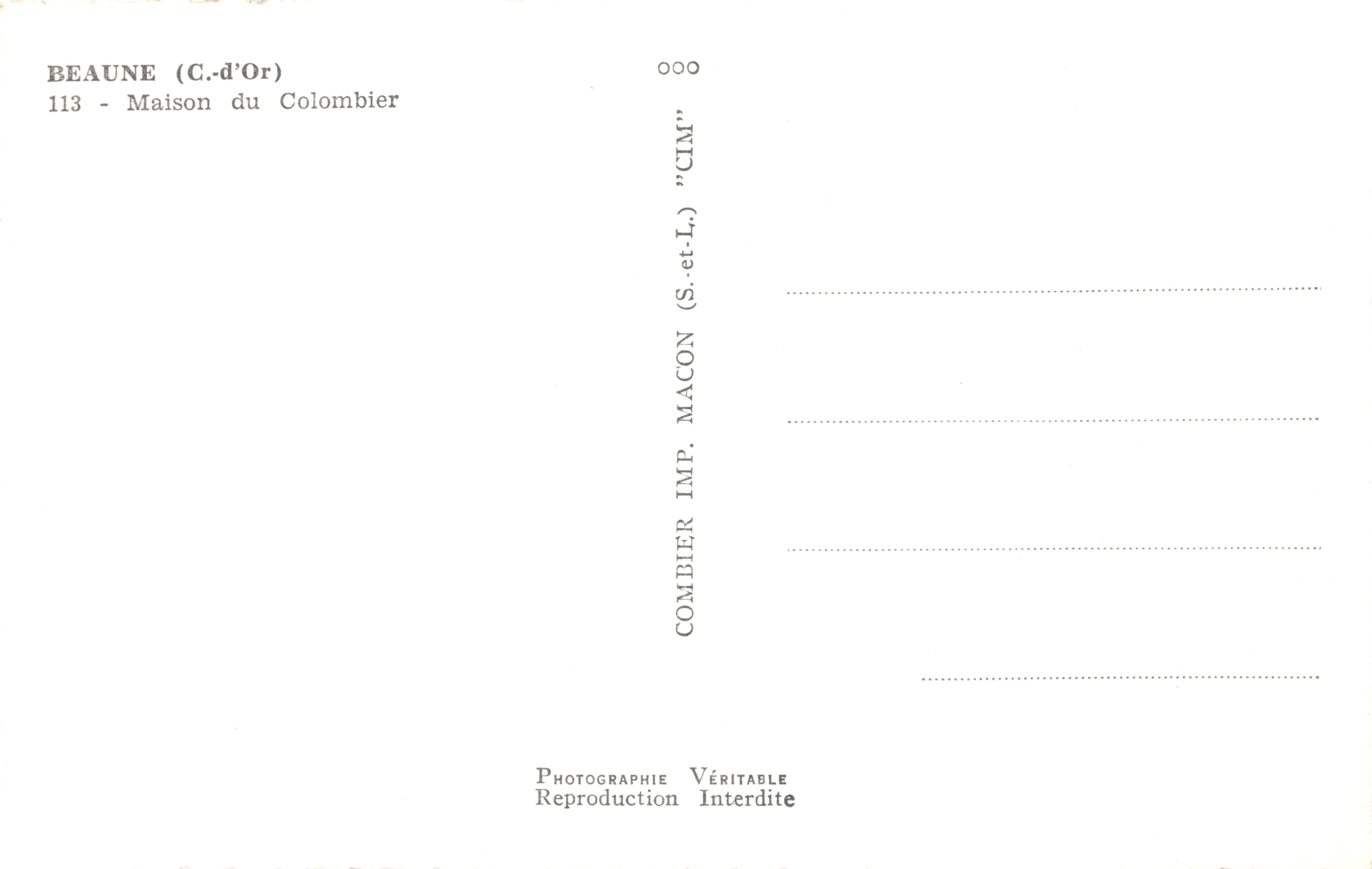 Beaune (C.-d'Or) — Casa Colombier con torre cónica — IMP. COMBIBIER (S.-et-L.) — Reverso