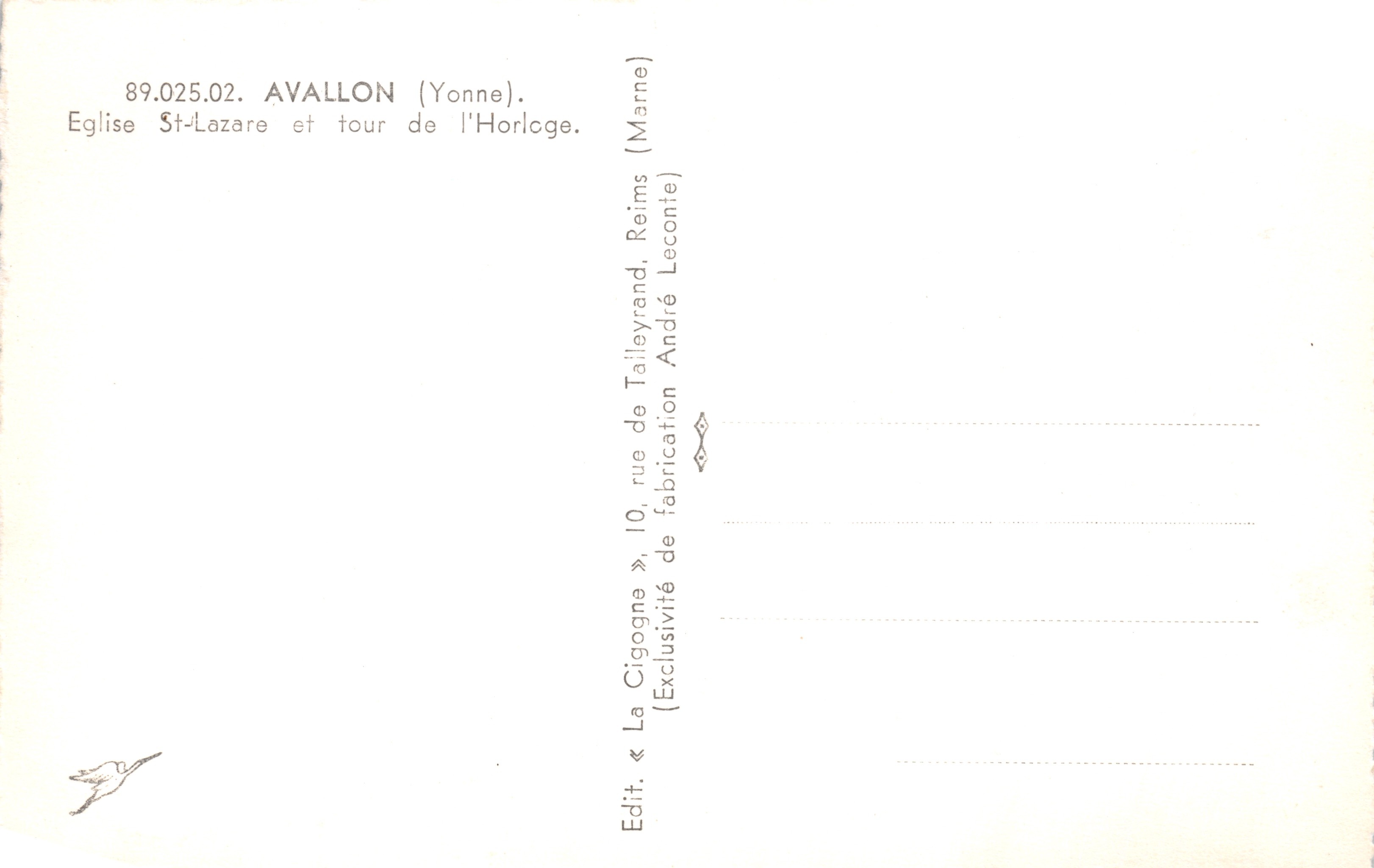 Avallon — Iglesia de San Lazaro y torre del reloj — Editorial « La Cigogne » — Reverso