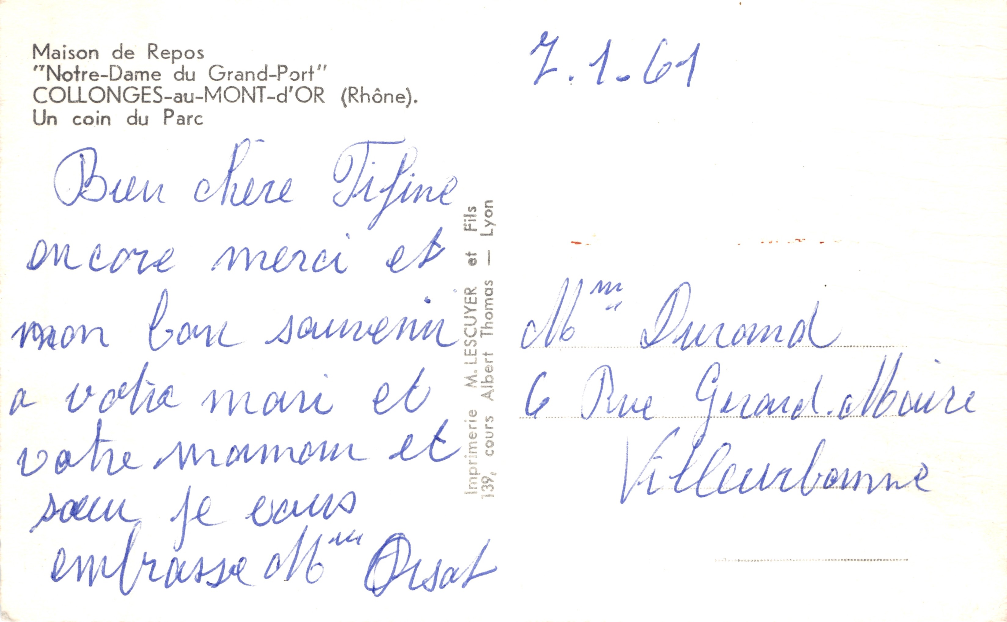 Casa de Reposo "Notre-Dame du Grand-Port" — Collonges-au-Mont-d'Or (Rhône), un rincón del parque — Imprimerie M. LESCUYER et Cie, Lyon — Reverso