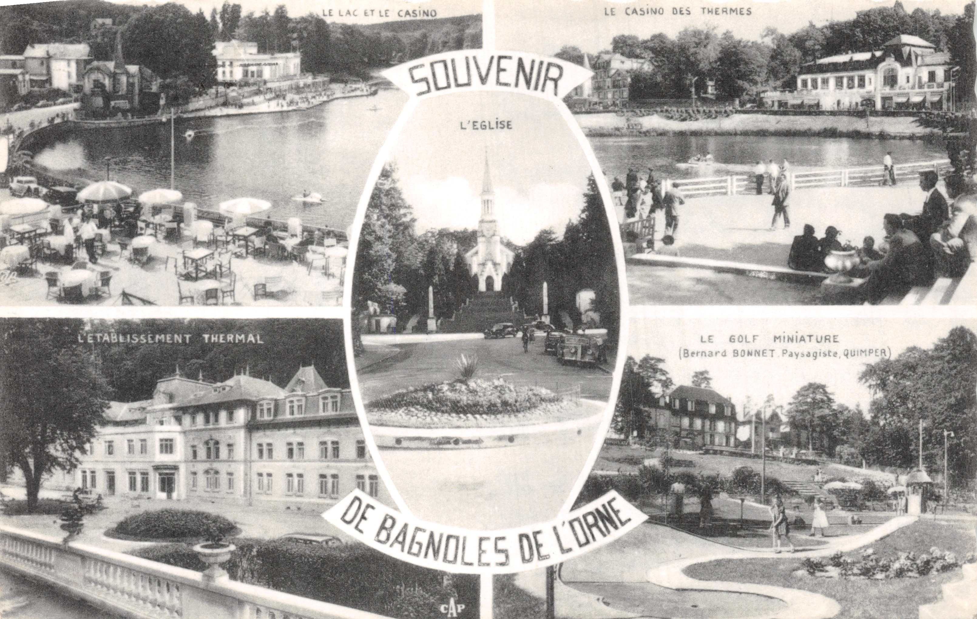 Bagnolles-de-l'Orne — Le lac, le casino, l'église et l'établissement thermal — Souvenir de Bernard Bonnet, paysagiste de Quimper