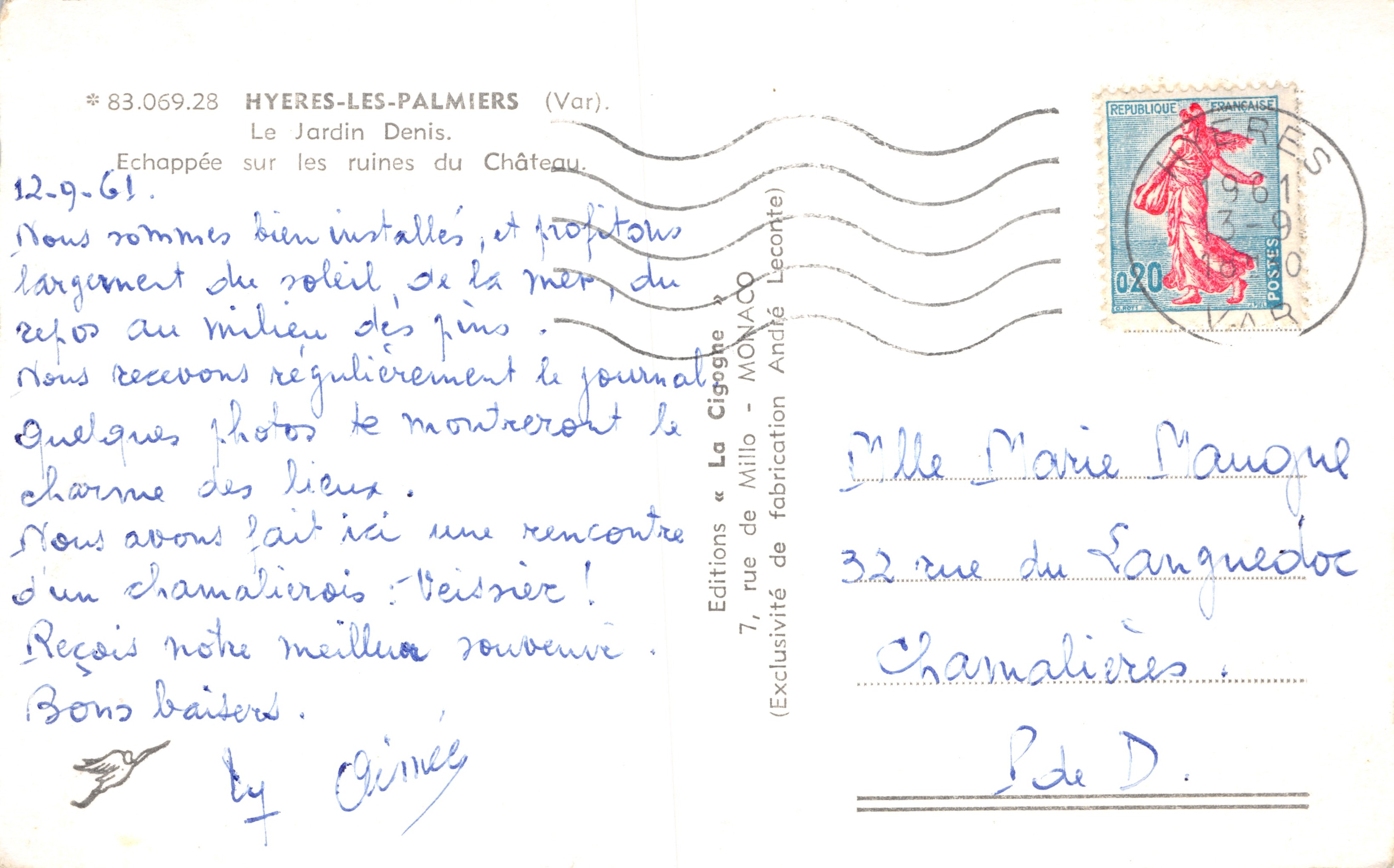 Hyères-les-Palmiers — Ogród Denis, widok na ruiny zamku — Wydawnictwo «La Cigogne» — Rewers