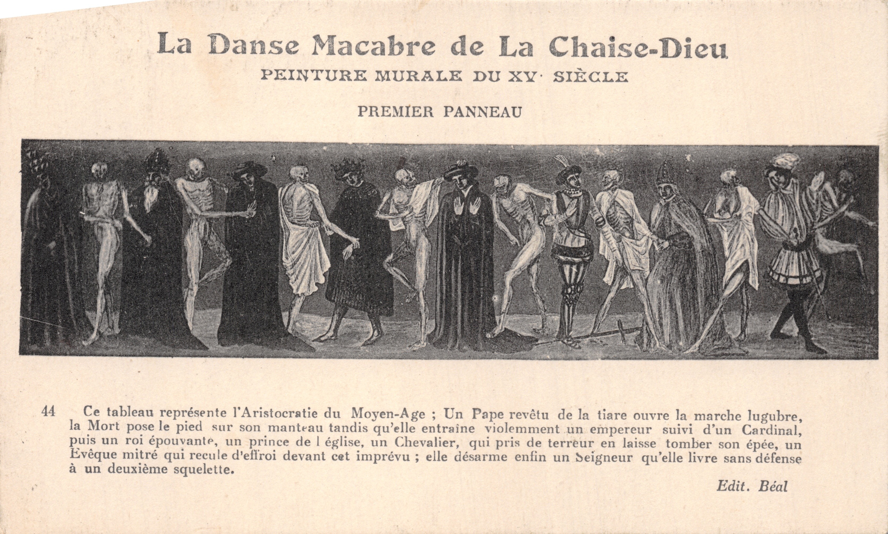 La Danza de la Muerte en La Chaise-Dieu — pintura mural del siglo XV, primer panel — Édit. Béal, n°44