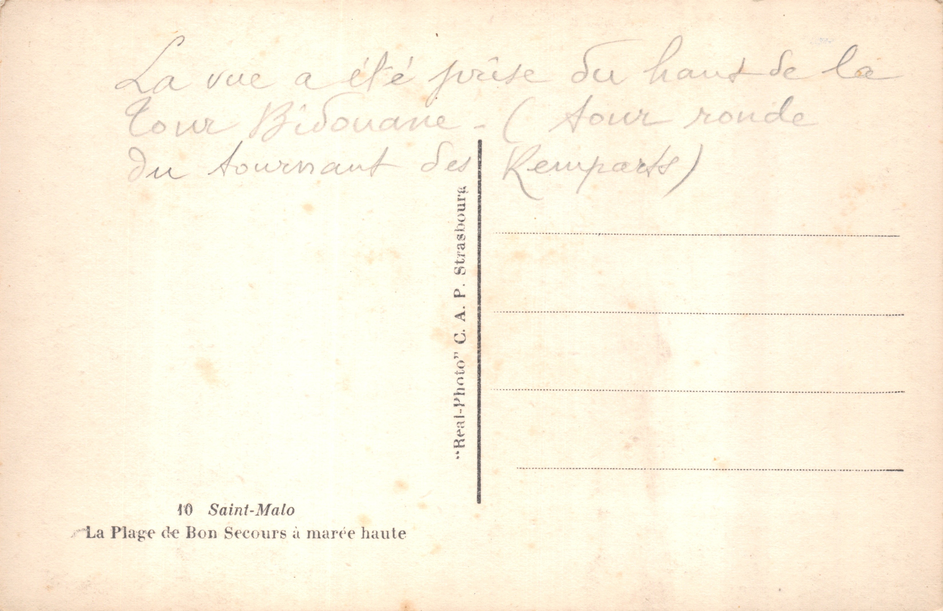 Saint-Malo — Plaża Bon Secours widziana z Wieży Okrągłej Zamek — wydawca C.A.P. Strasbourg — Rewers