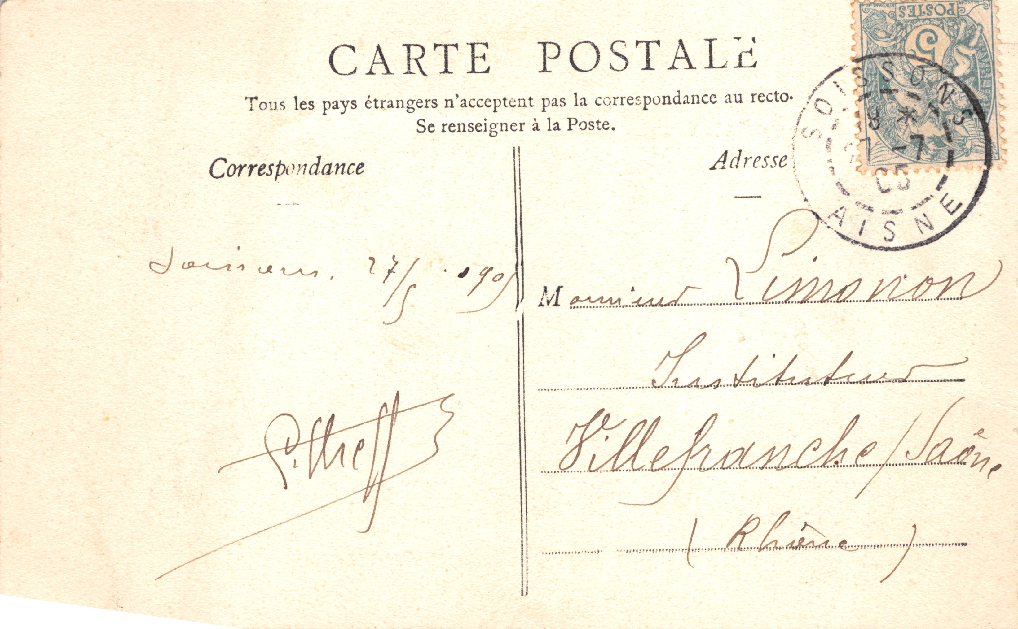 Soissons — Vista de la entrada del edificio de la Oficina de Finanzas — G. Laguerre, editor, Soissons — Reverso