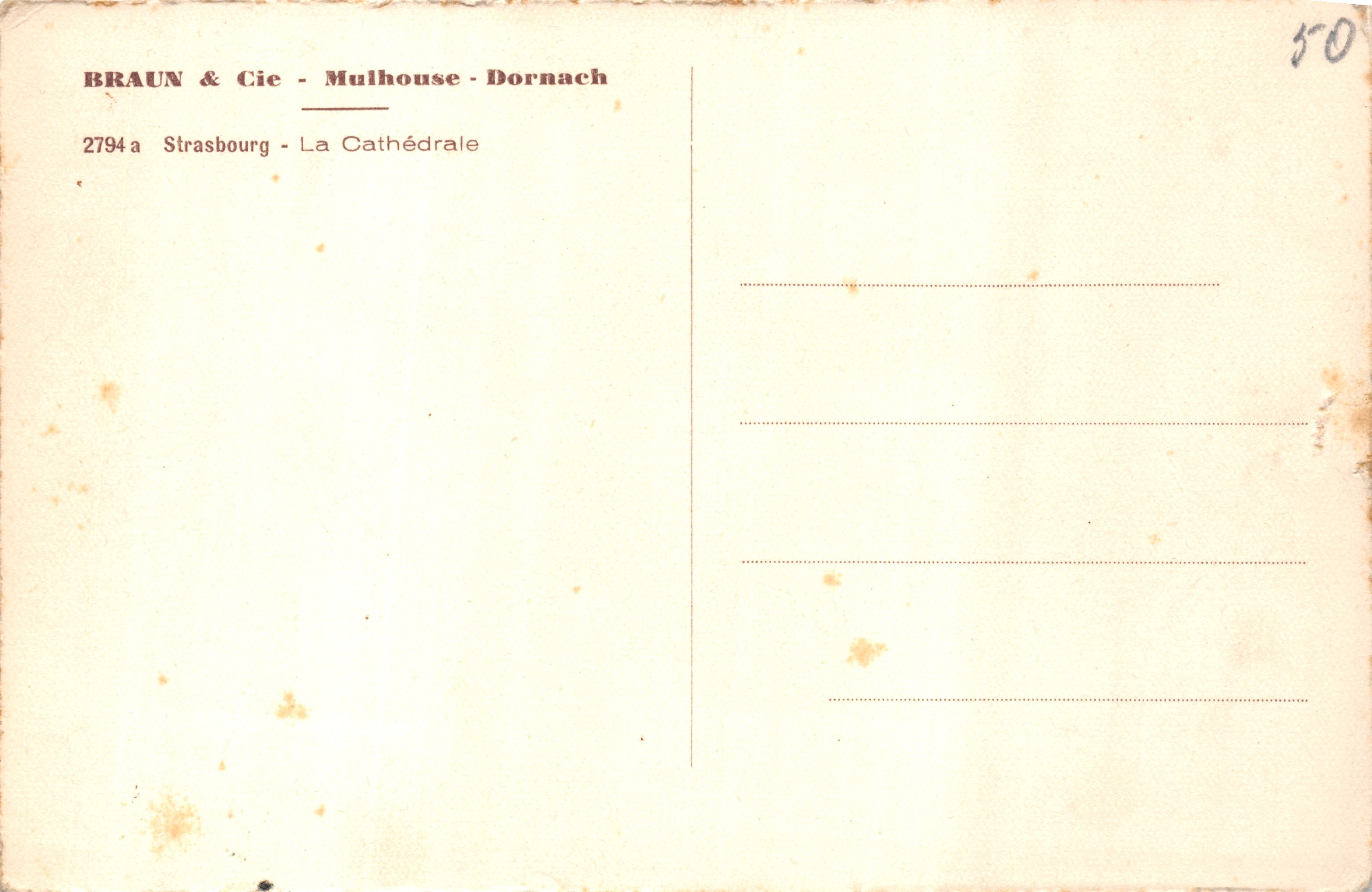 Strasbourg — Kathedraal Notre-Dame — uitgever BRAUN & Cie, n° 2794a — Achterkant