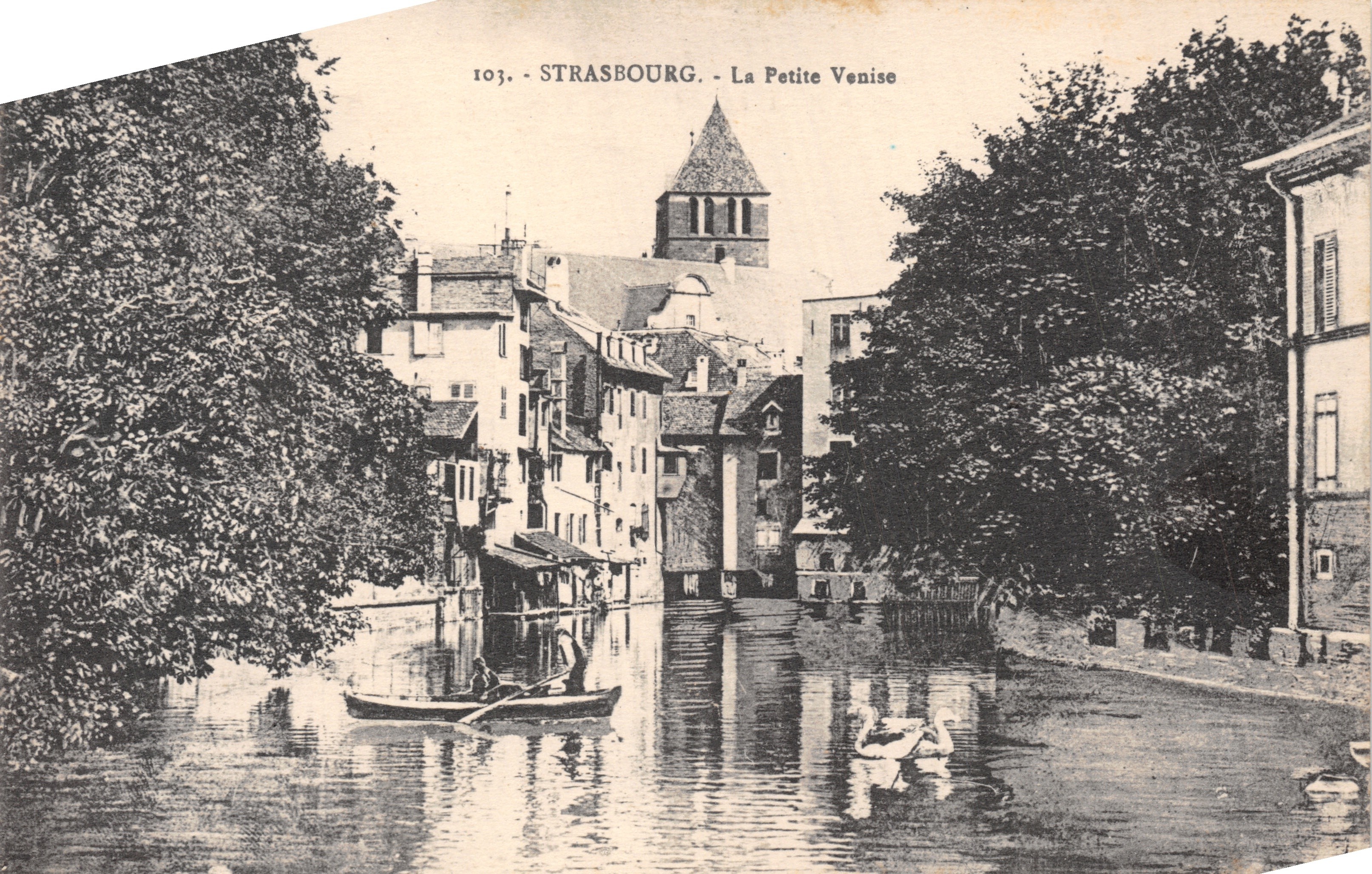 Strasbourg - Piccola Venezia — vista del canale con barca e cigni, editore 'Cartes "La Cigogne"'