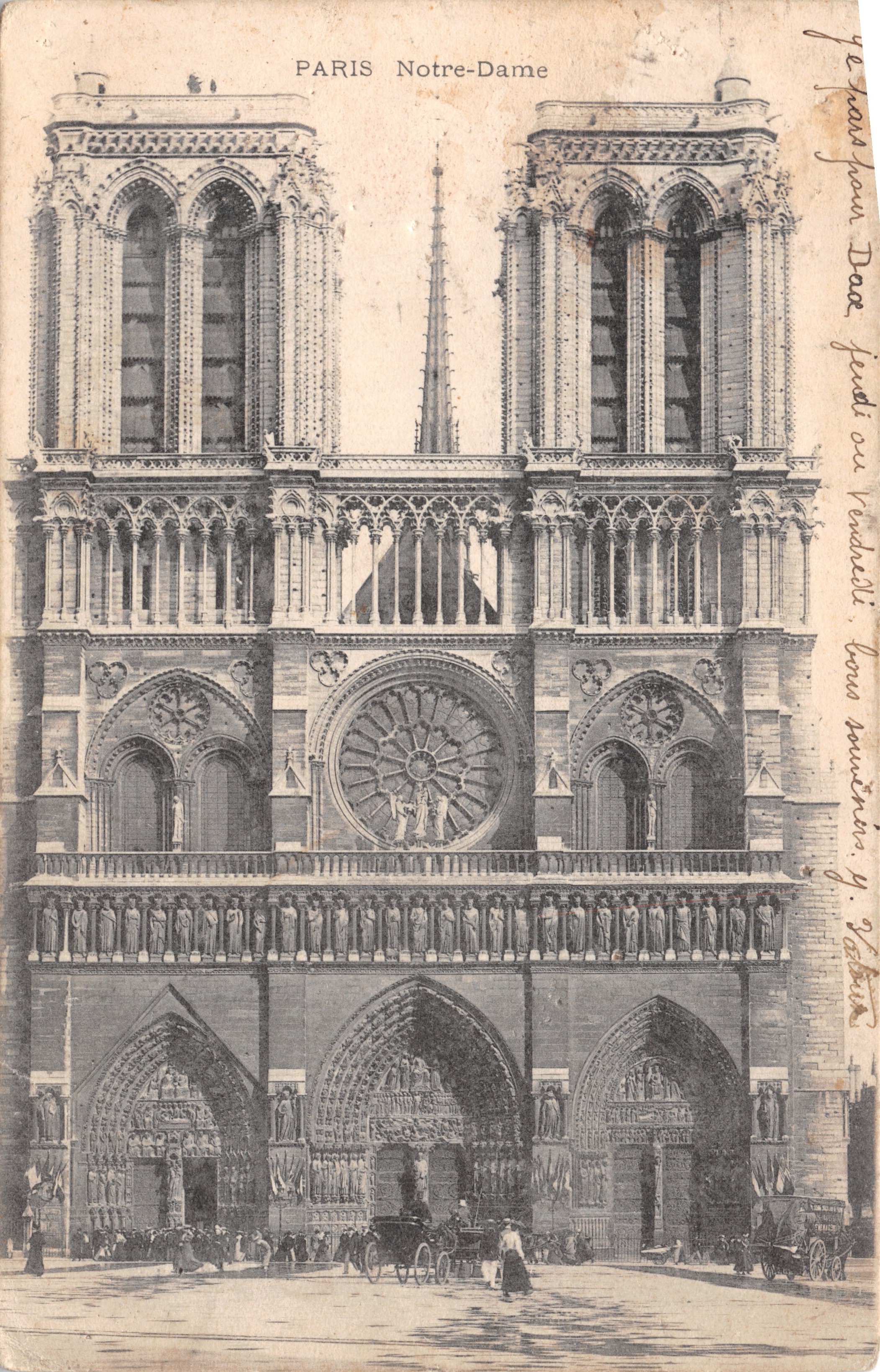 Paris Notre-Dame — fachada gótica con rosetón y dos torres — editor impresor no identificado