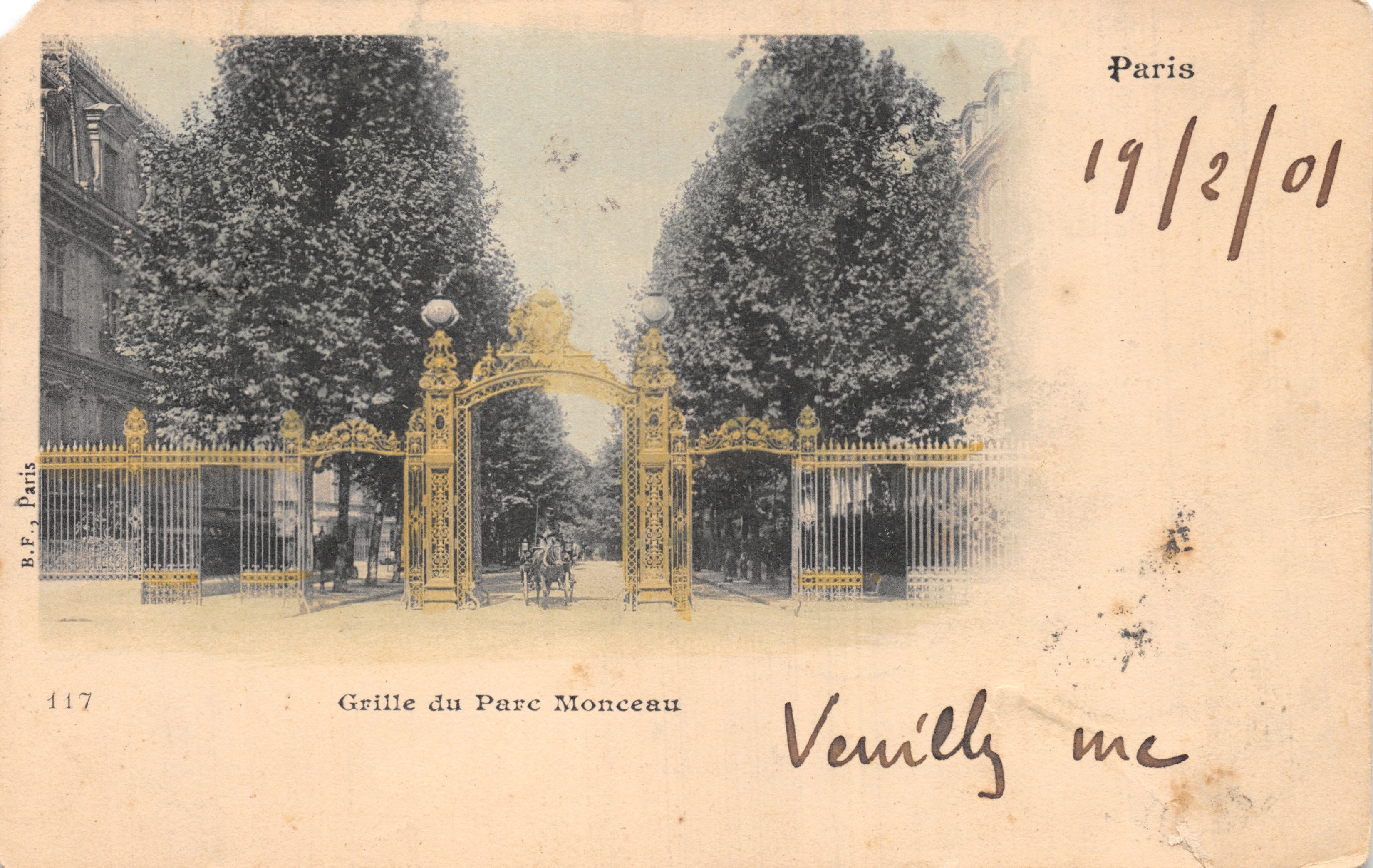 Griglia del Parc Monceau — ingresso adornato con grate dorate e lanterne — editore B.F. Paris, n. 117