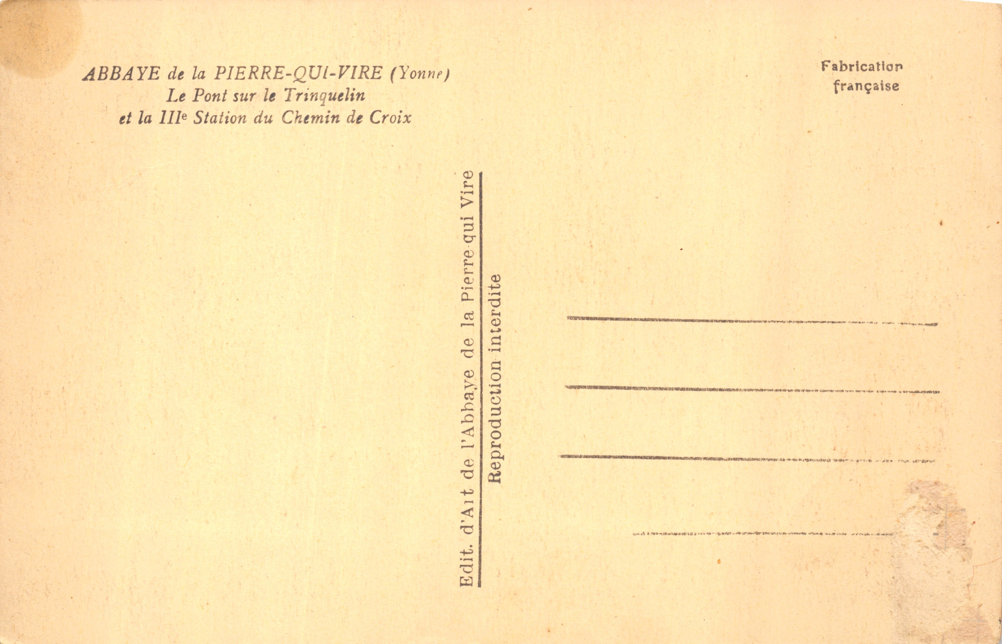 Pont sur le Trinquelin — Abbaye de la Pierre-qui-Vire (Yonne) — Édit. d'Art de l'Abbaye de la Pierre-qui-Vire — Achterkant