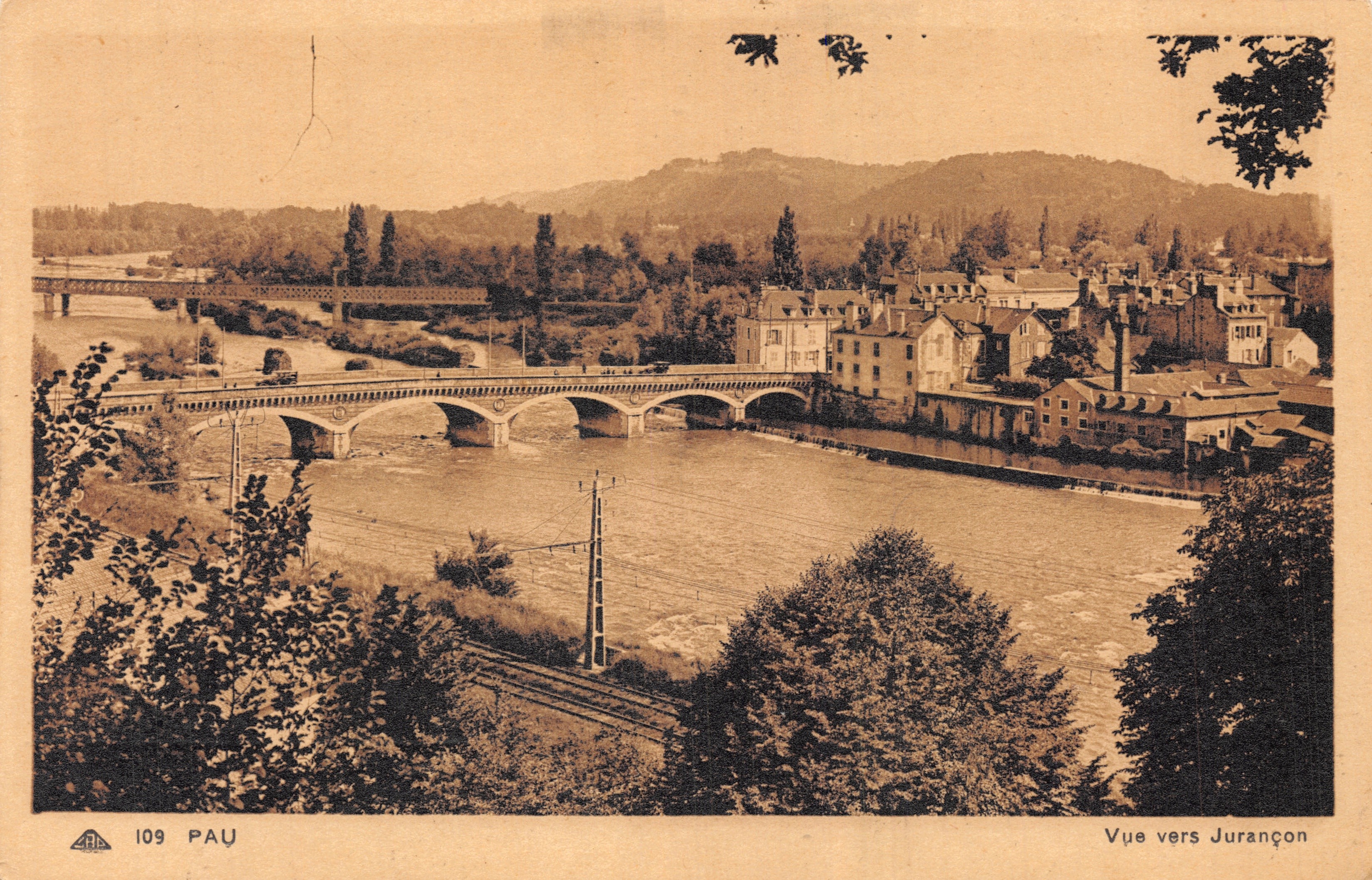 View towards Jurançon — bridge over the river — publisher Pau, no. 109