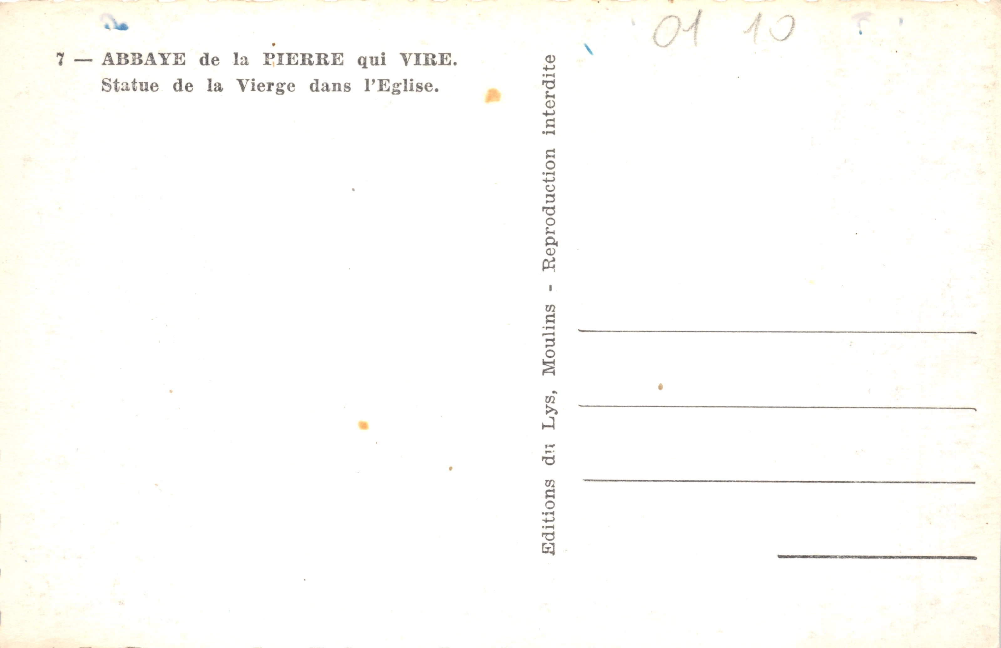 Statua della Vergine con il Bambino — Abbazia di la Pierre qui Vire — Editions du Lys, Moullins — Verso