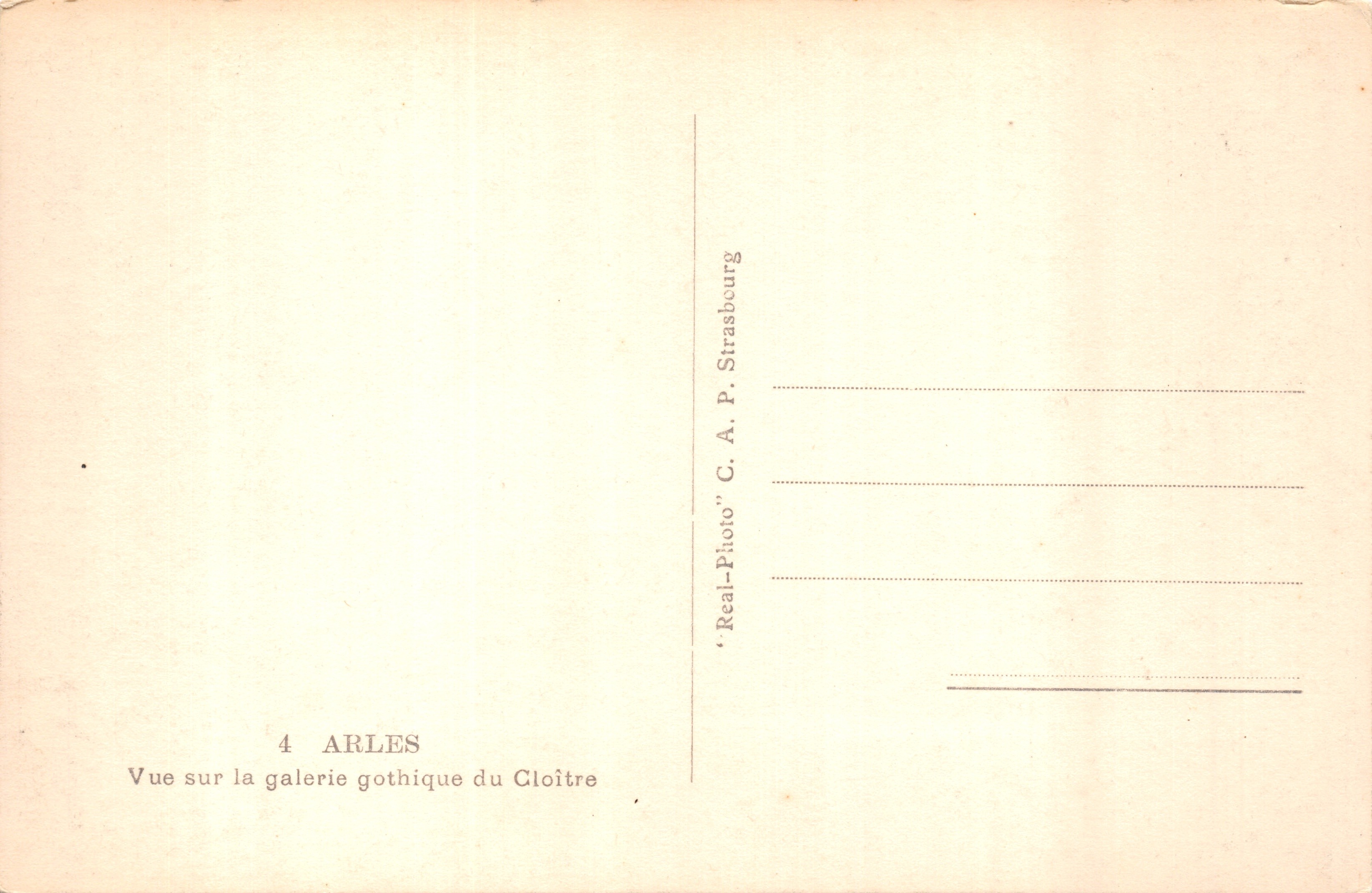 Arles — Galería gótica del Cloître — editor C.A.P. Estrasburgo, n.º 13 — Reverso