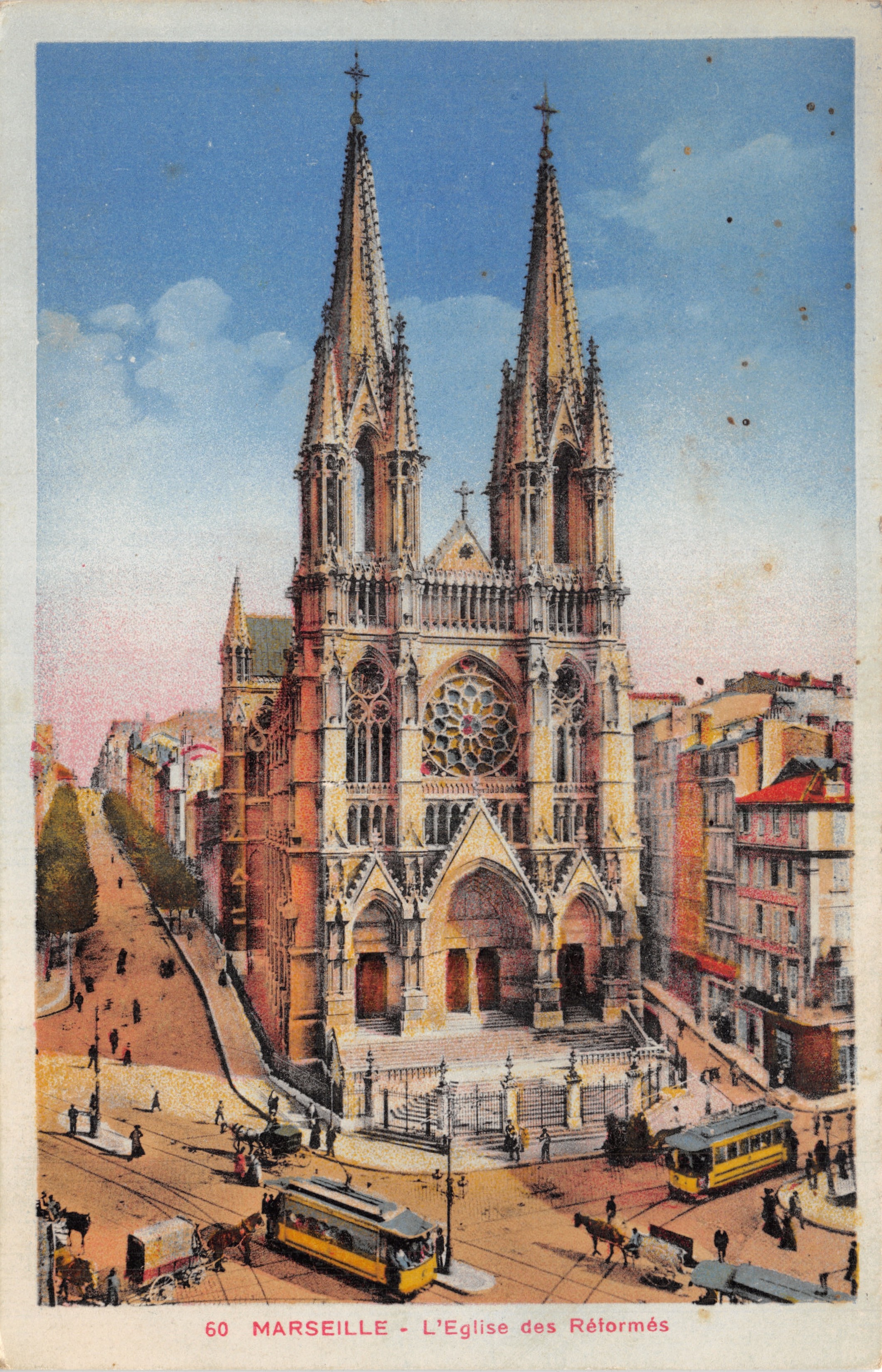 Marseille - L'Église des Réformés — vue de la façade gothique avec deux tours et rosace, éditeur Cie des Arts Photomécaniques, n° 60