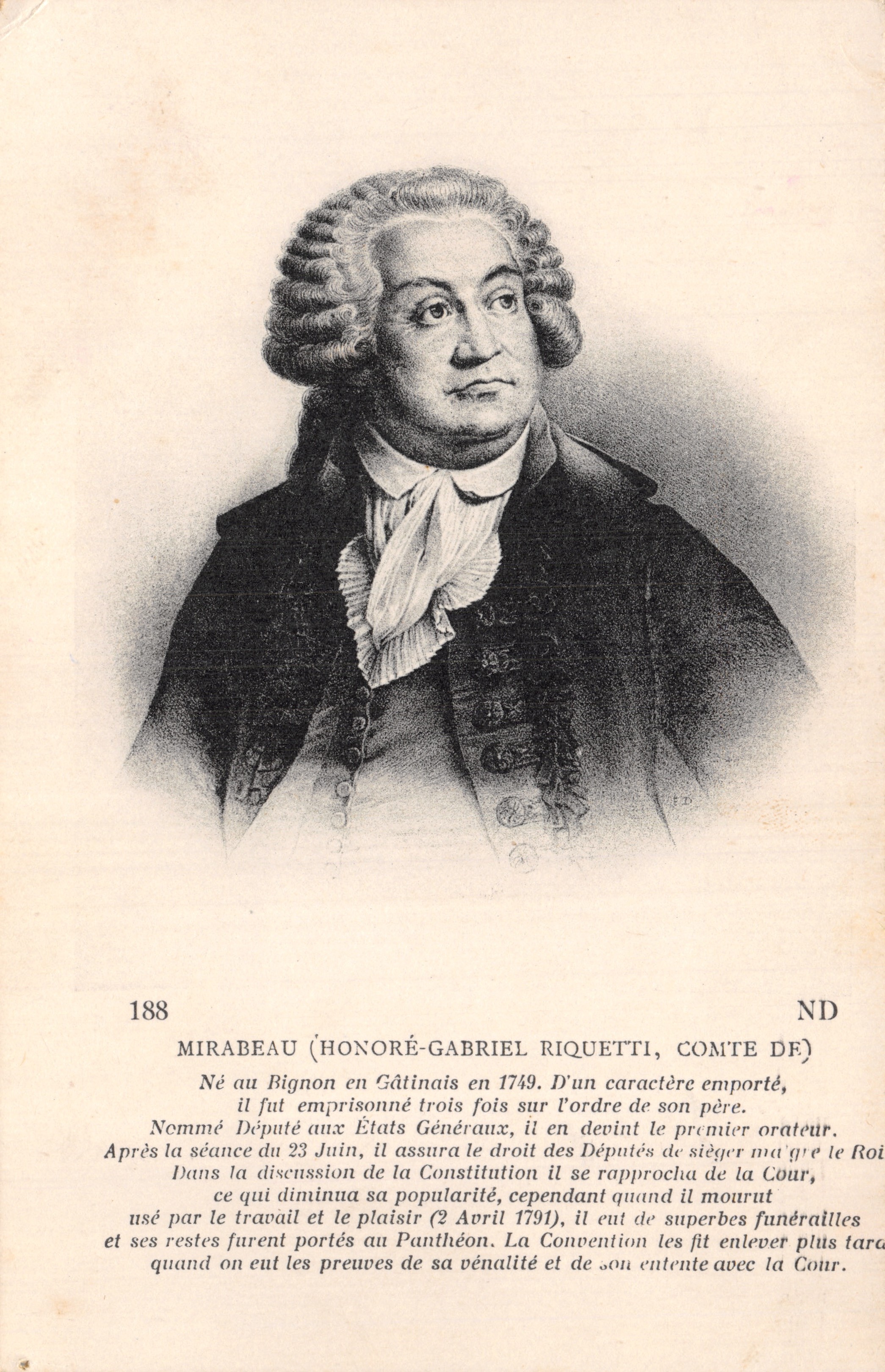 Mirabeau (Honoré-Gabriel Riquetti, comte de) — portrait gravé avec texte biographique — éditeur non identifié, n° de série 188
