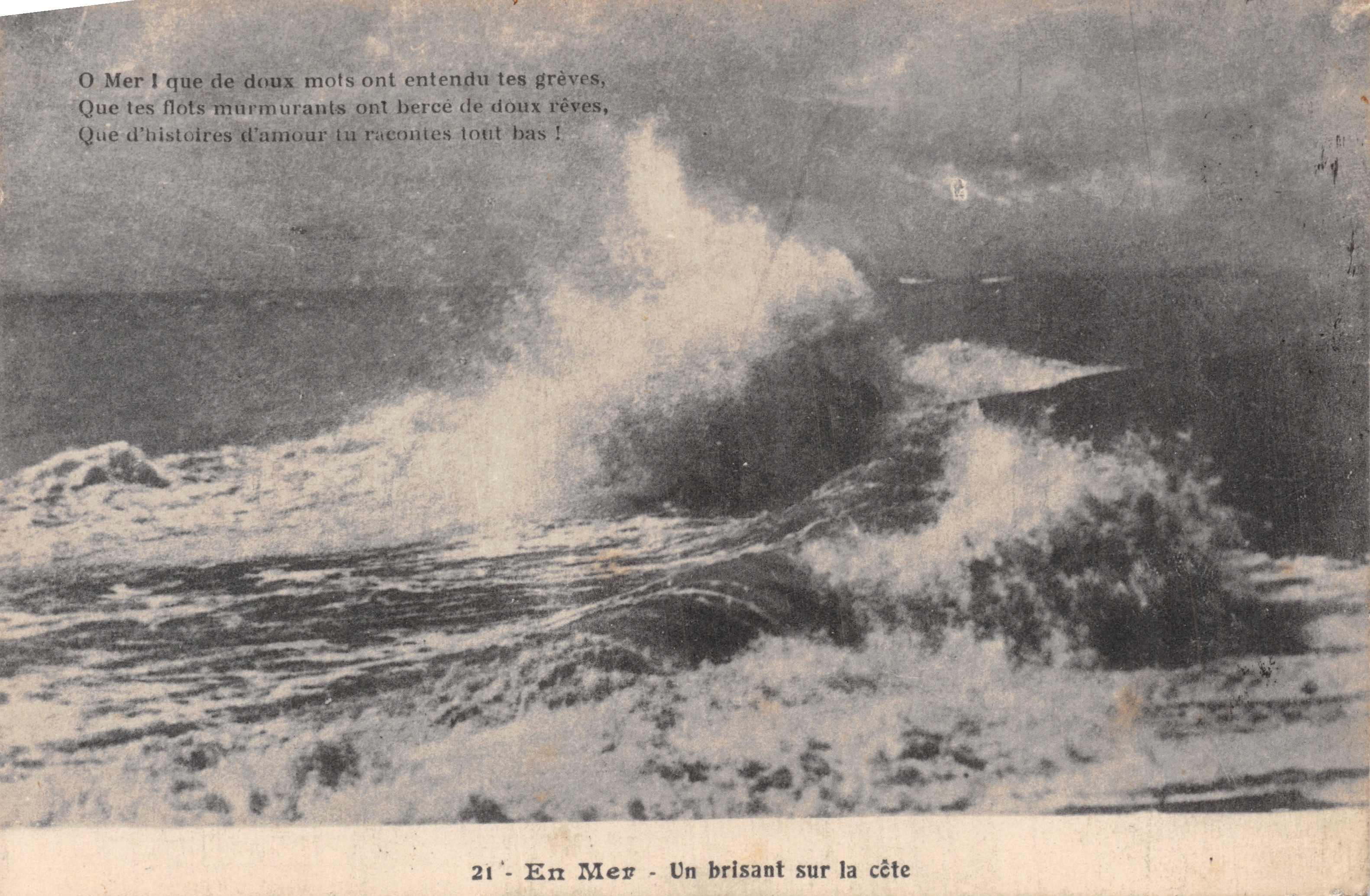 Un brisant sur la côte — scène maritime avec poème imprimé — éditeur non visible, n° 21