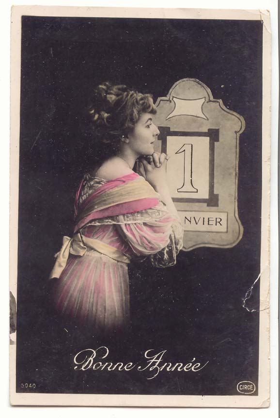 Femme en robe colorée — calendrier du 1er janvier — éditeur Circe, n° 5040
