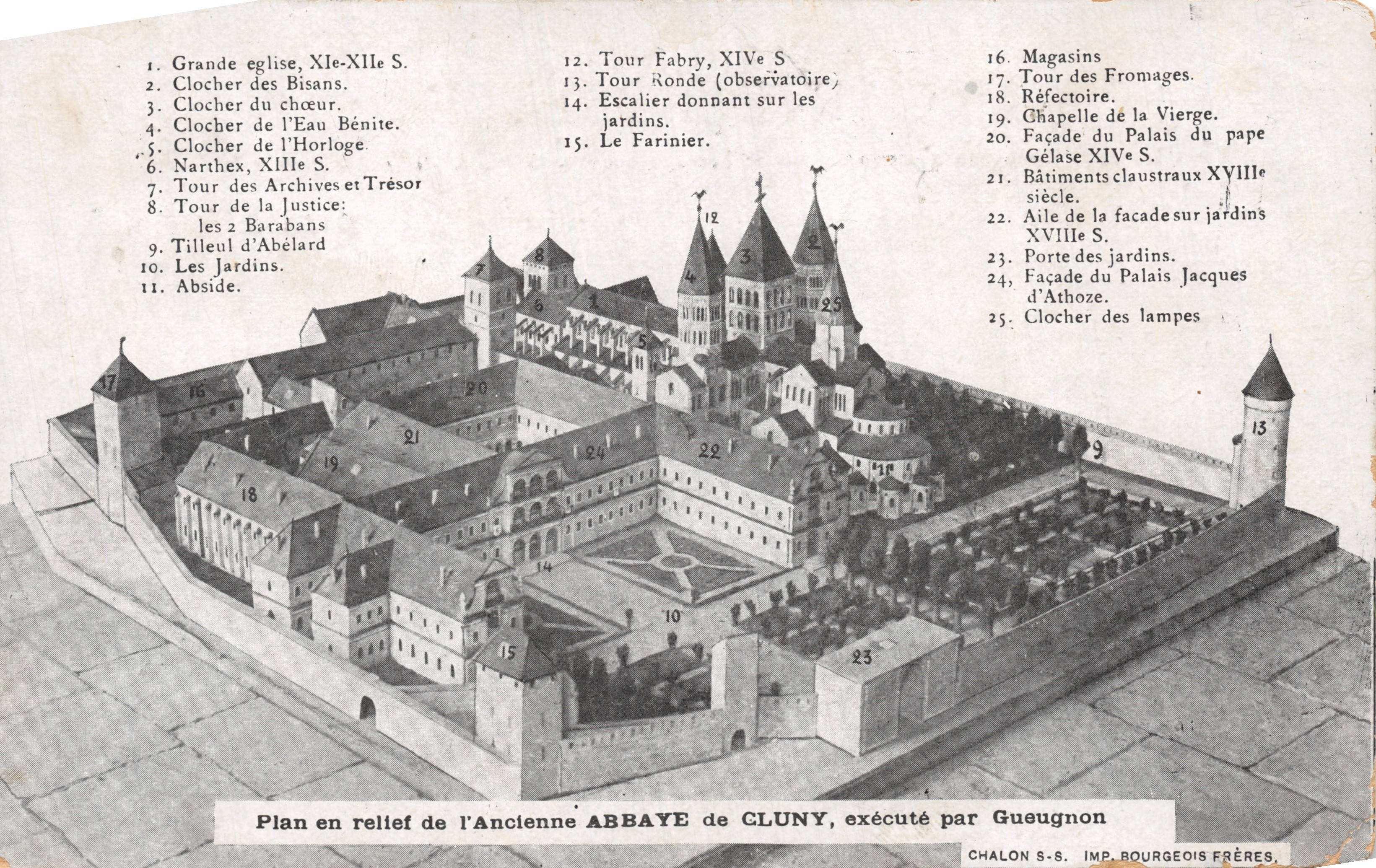 Abbaye de Cluny — Plan en relief de l'Ancienne Abbaye, exécuté par Gueugnon — IMP. BOURGEOIS FRÈRES, CHALON-S/S