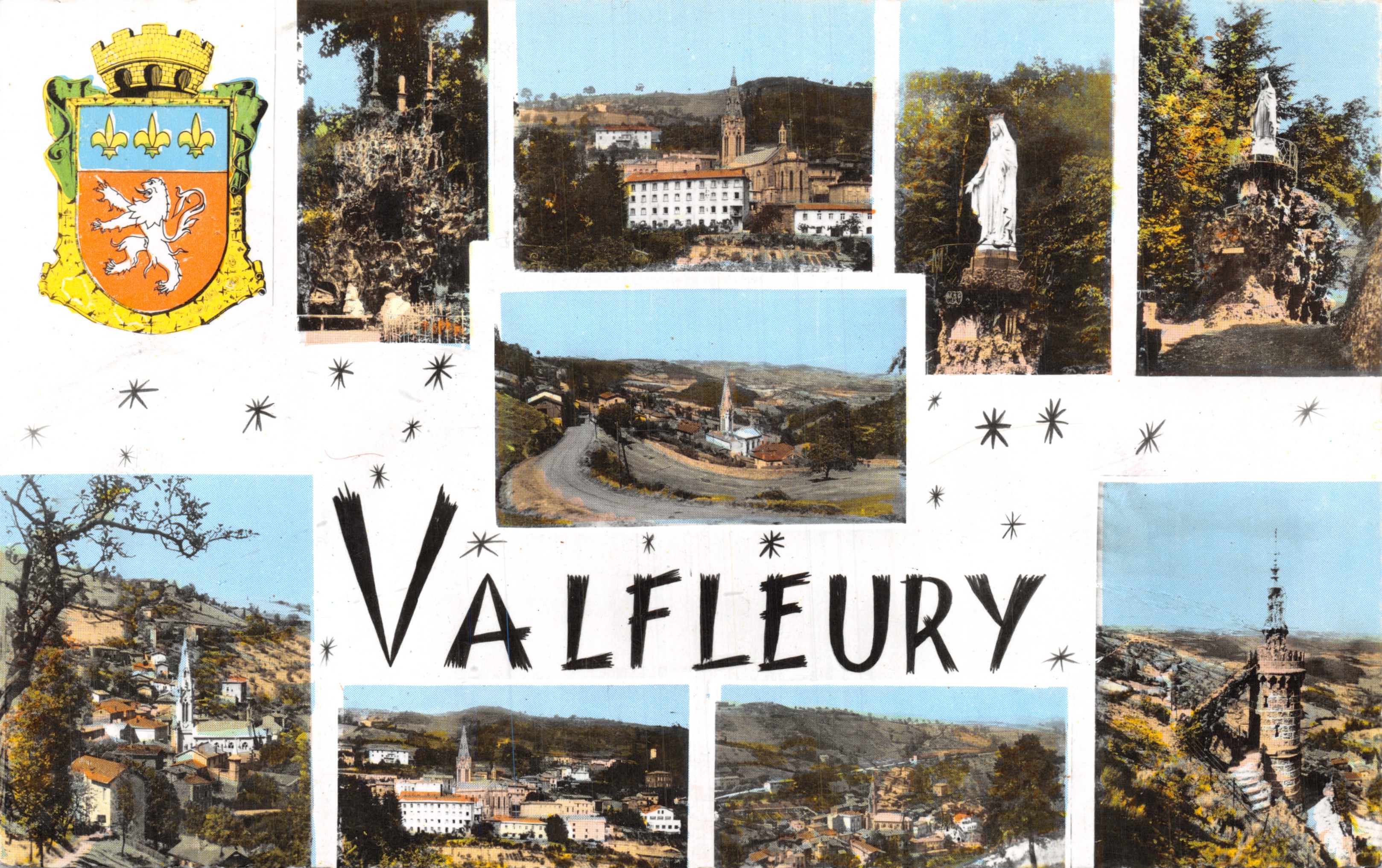 Valfleuruy — vue panoramique avec blason, église, statue de la Vierge et château — IMPRIMÉ SUR LA CARTE