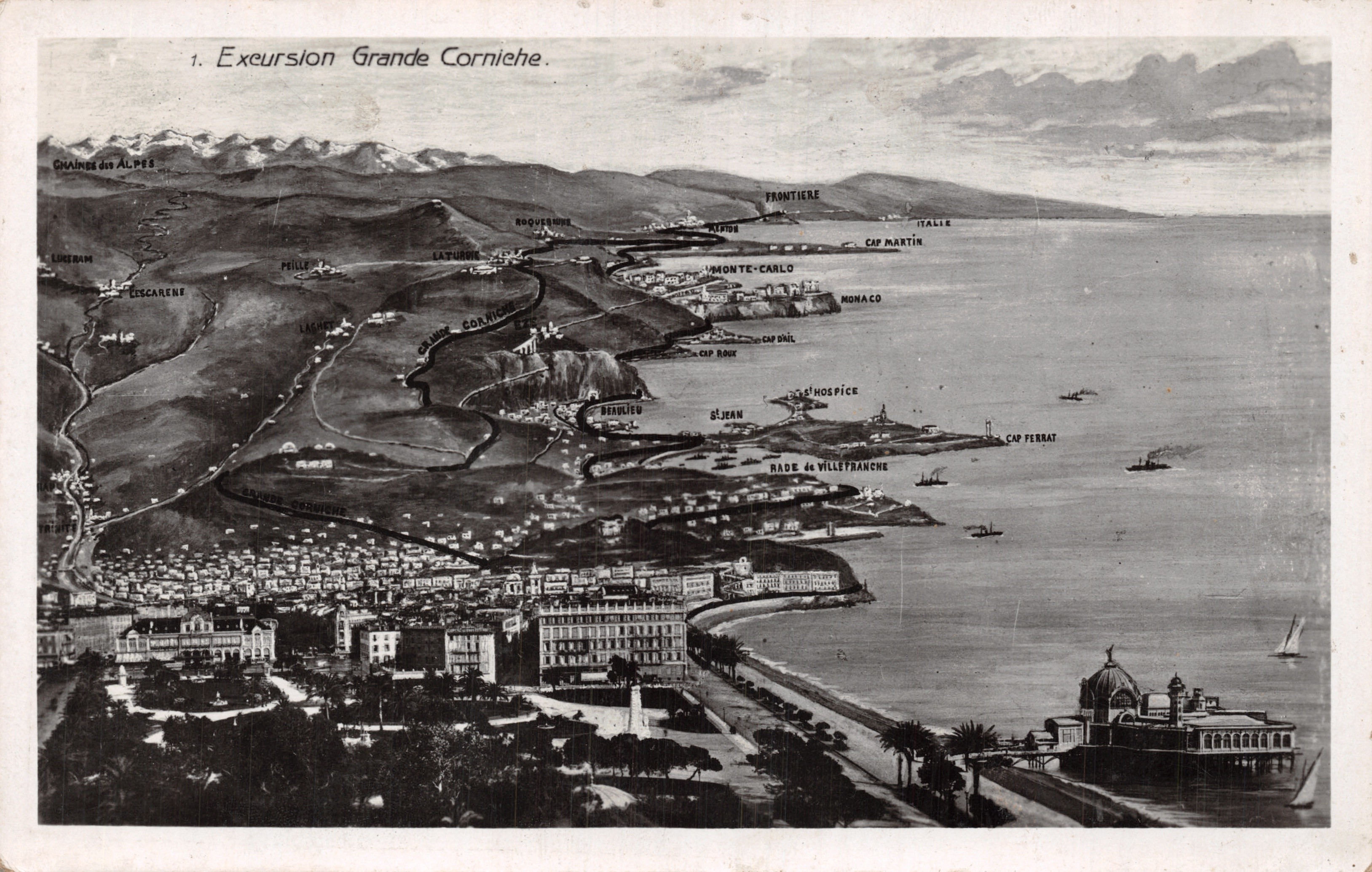 Excursion Grande Corniche — vue aérienne de la côte avec les monts et les villes — J. GILLETТА & Cie. Édit-Phot. - NICE