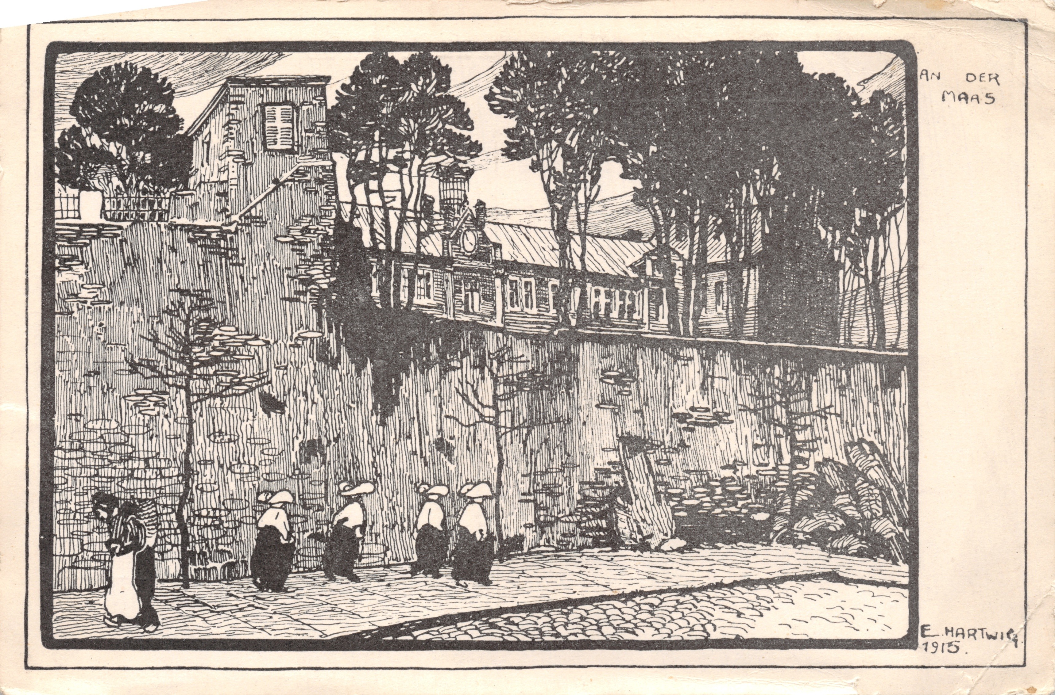 Scène de rue à An der Maas — illustration d'É. Hartwig — éditeur E. Hartwig, 1915