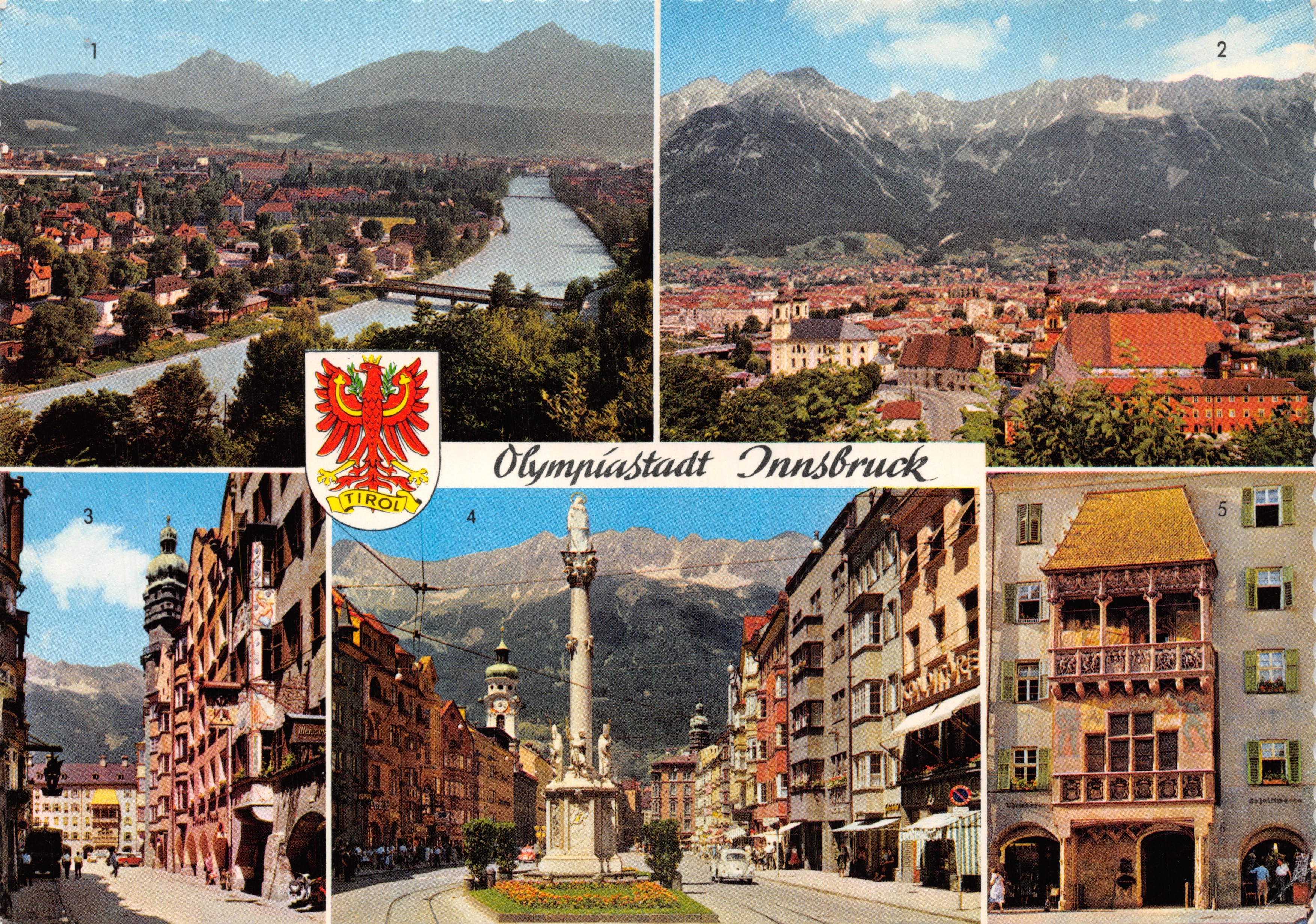 Innsbruck — vue panoramique et détails urbains — éditeur Viktor Holy und Sohn, Innsbruck, Hofgasse