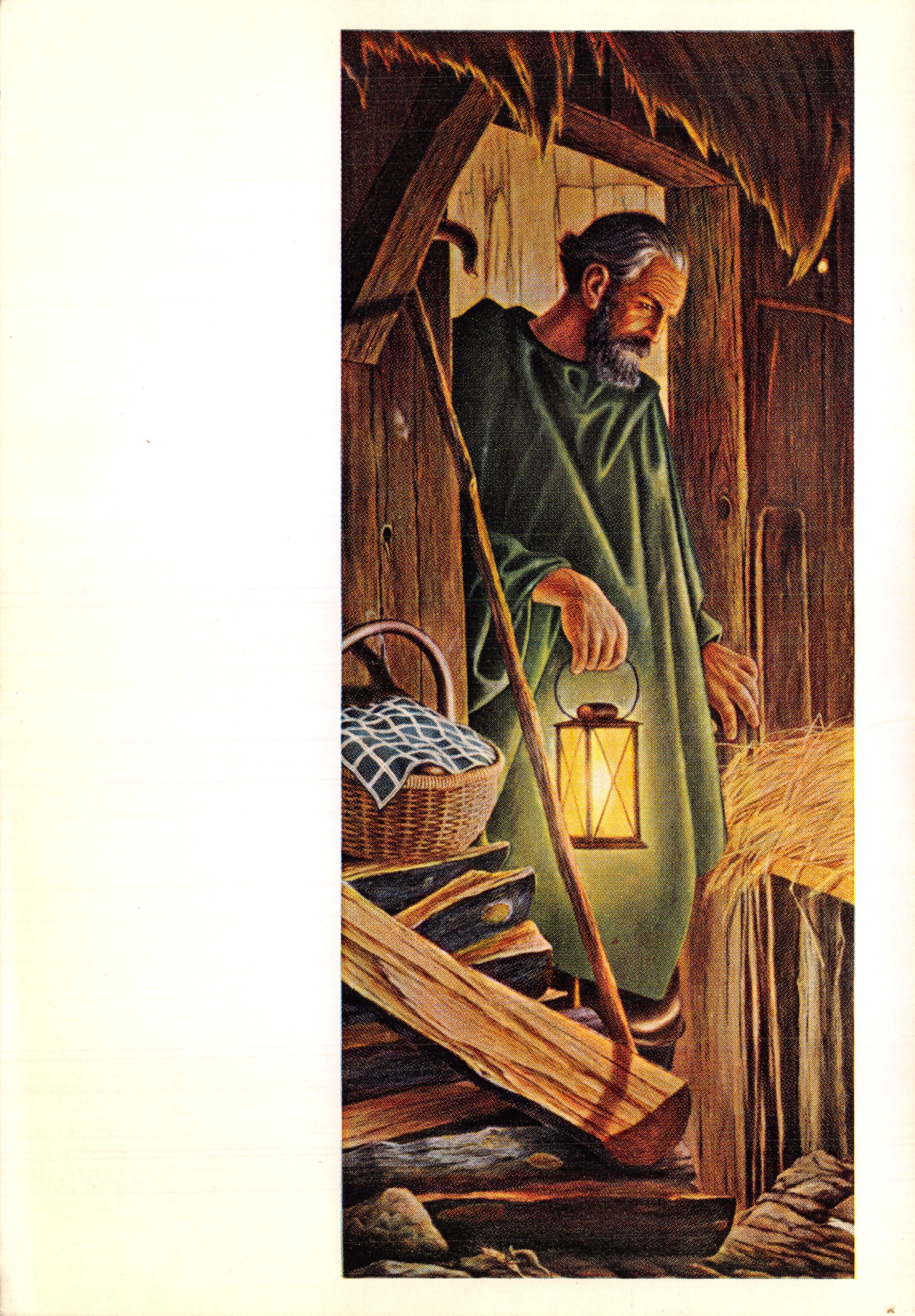 Homme en robe verte — scène intérieure d'une cabane en bois — éditeur Weihachts-Kartenspende der Schweiz, Caritaszentrale Luzern