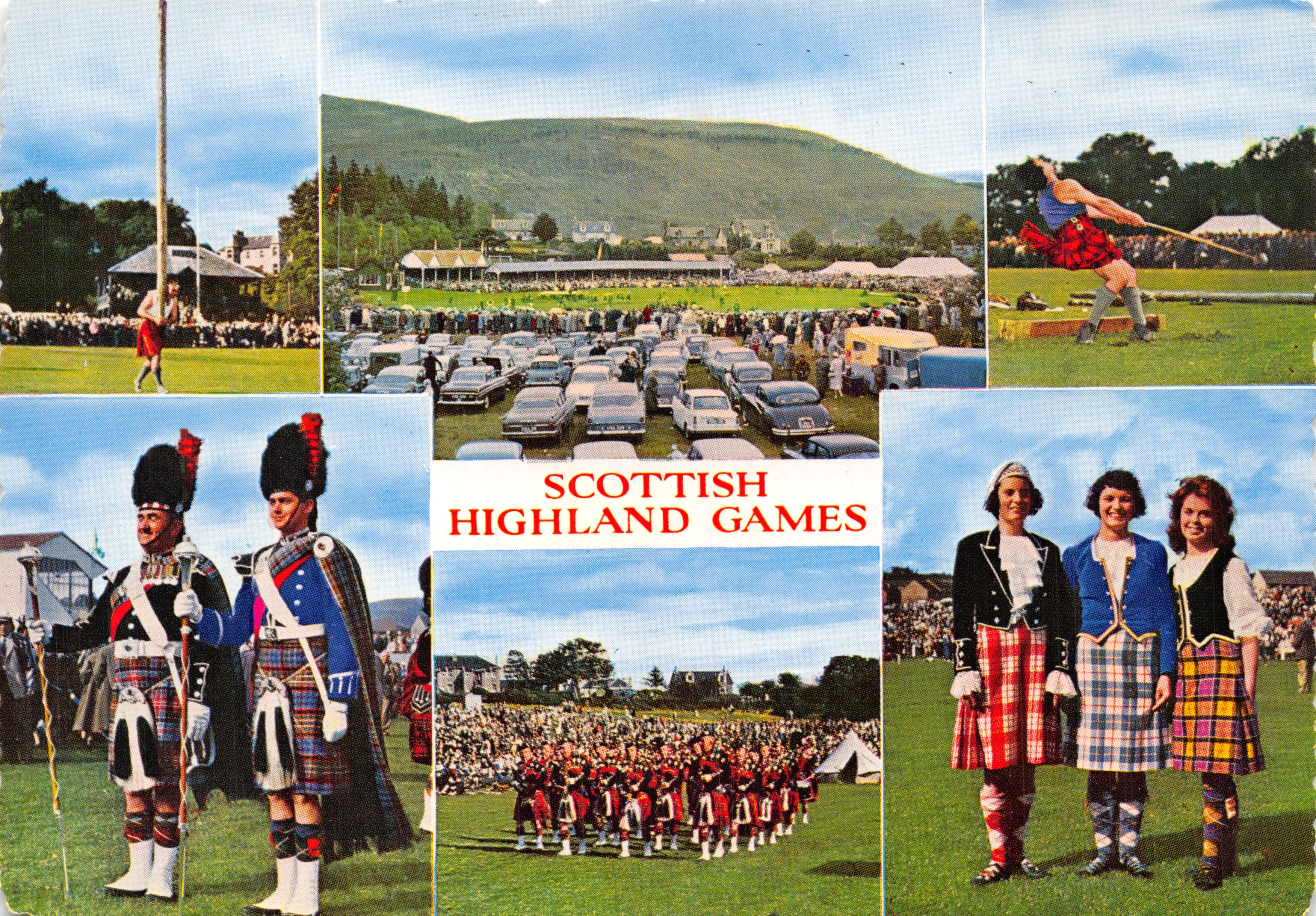 Scottish Highland Games — vue composite de cinq scènes (tir à la perche, foule, danse, musiciens, danseuses) — Valentine's Pictorial Series, n° E.781