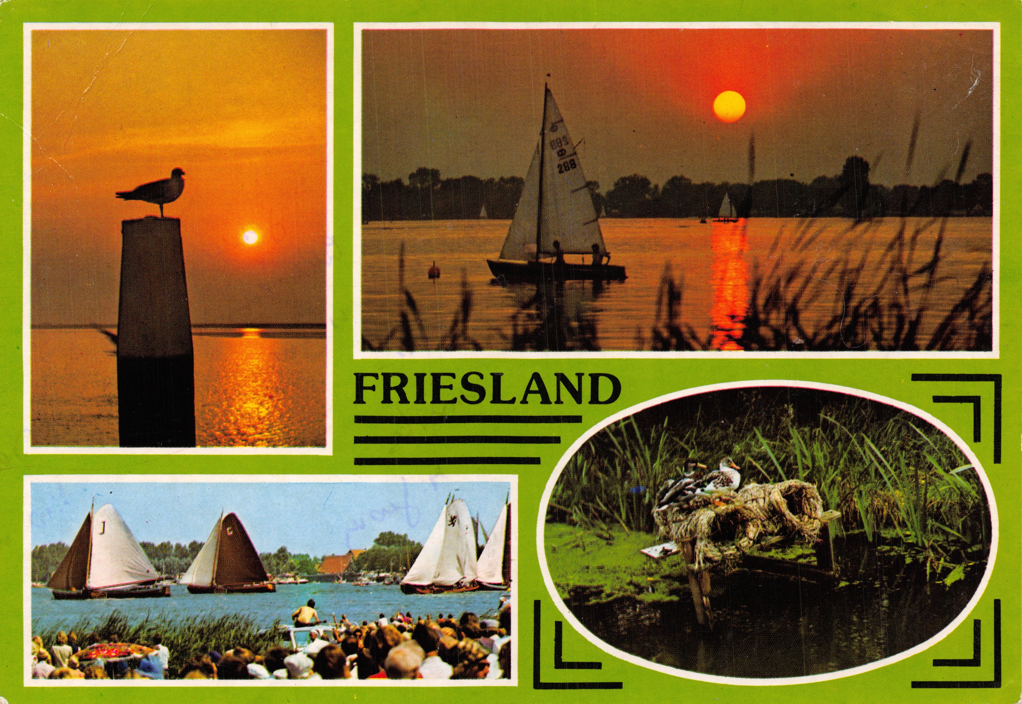 Friesland — paysage de coucher de soleil et voiliers — éditeur Van Leer's Fotodrukkindustrie bv Amsterdam