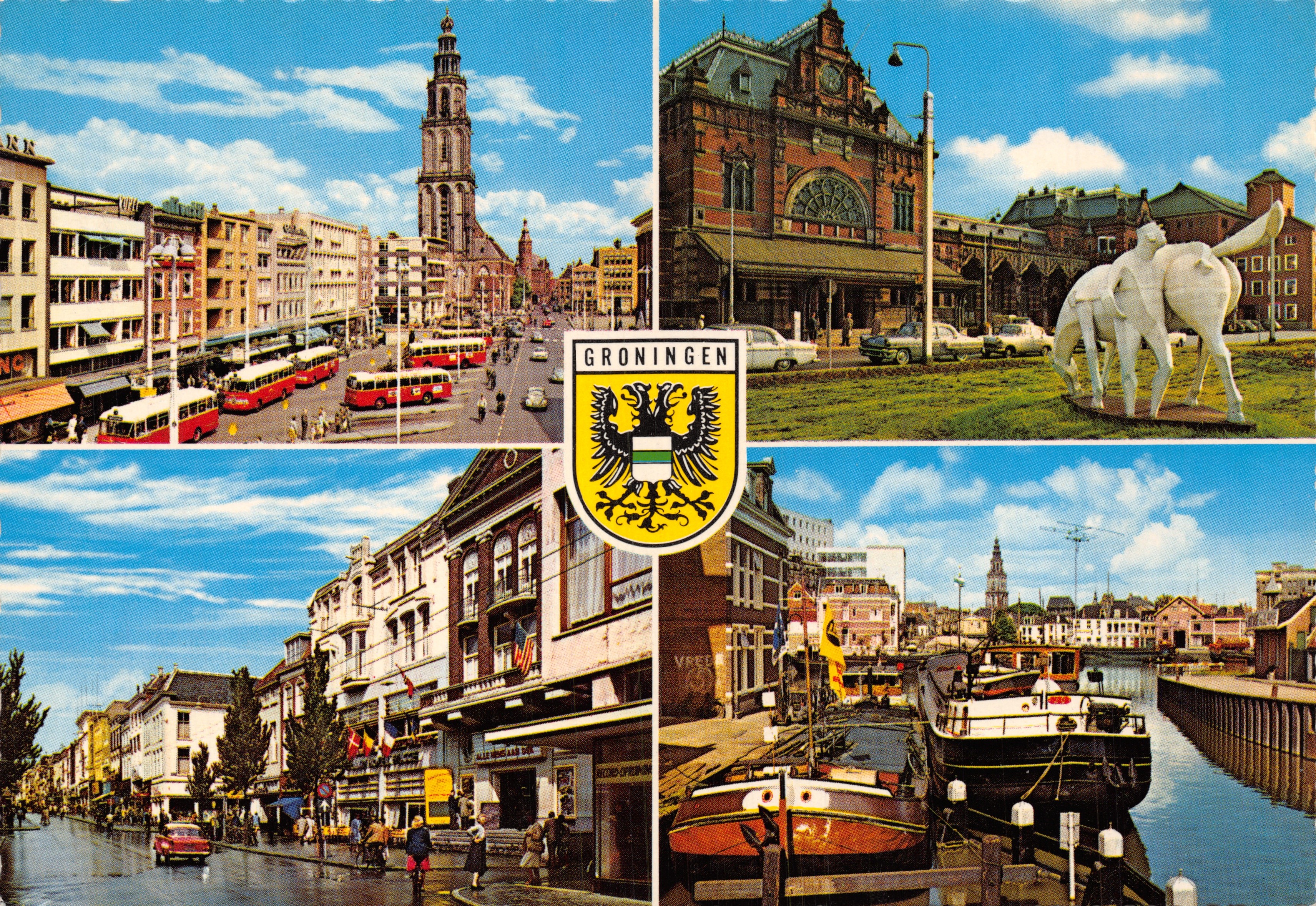 Groningen — vue panoramique avec église, gare, statue et quai — éditeur HHG, n° 758/10