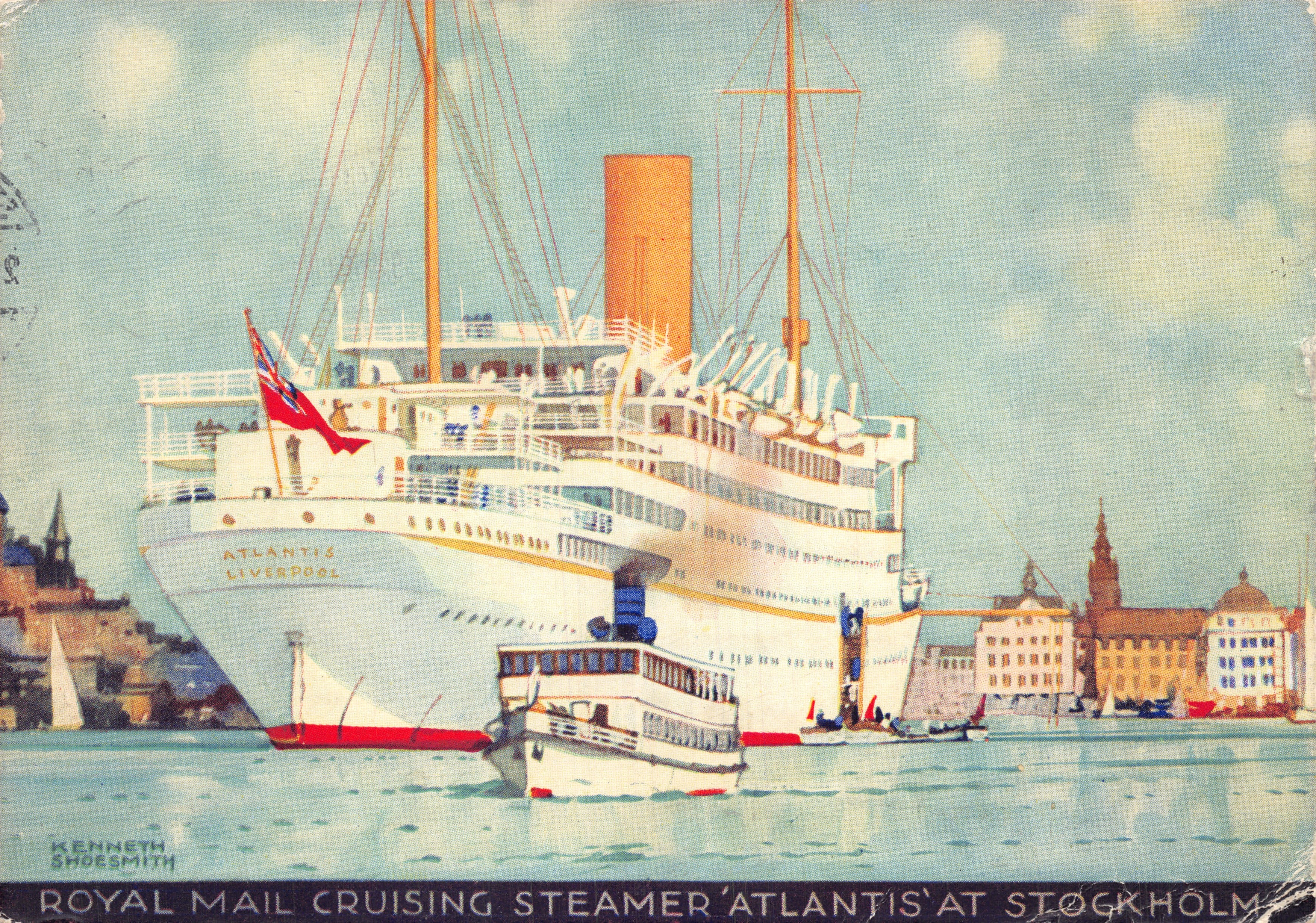 Cruising Steamer 'Atlantis' à Stockholm — dessin de Kenneth Shoesmith, éditeur Royal Mail Lines Ltd