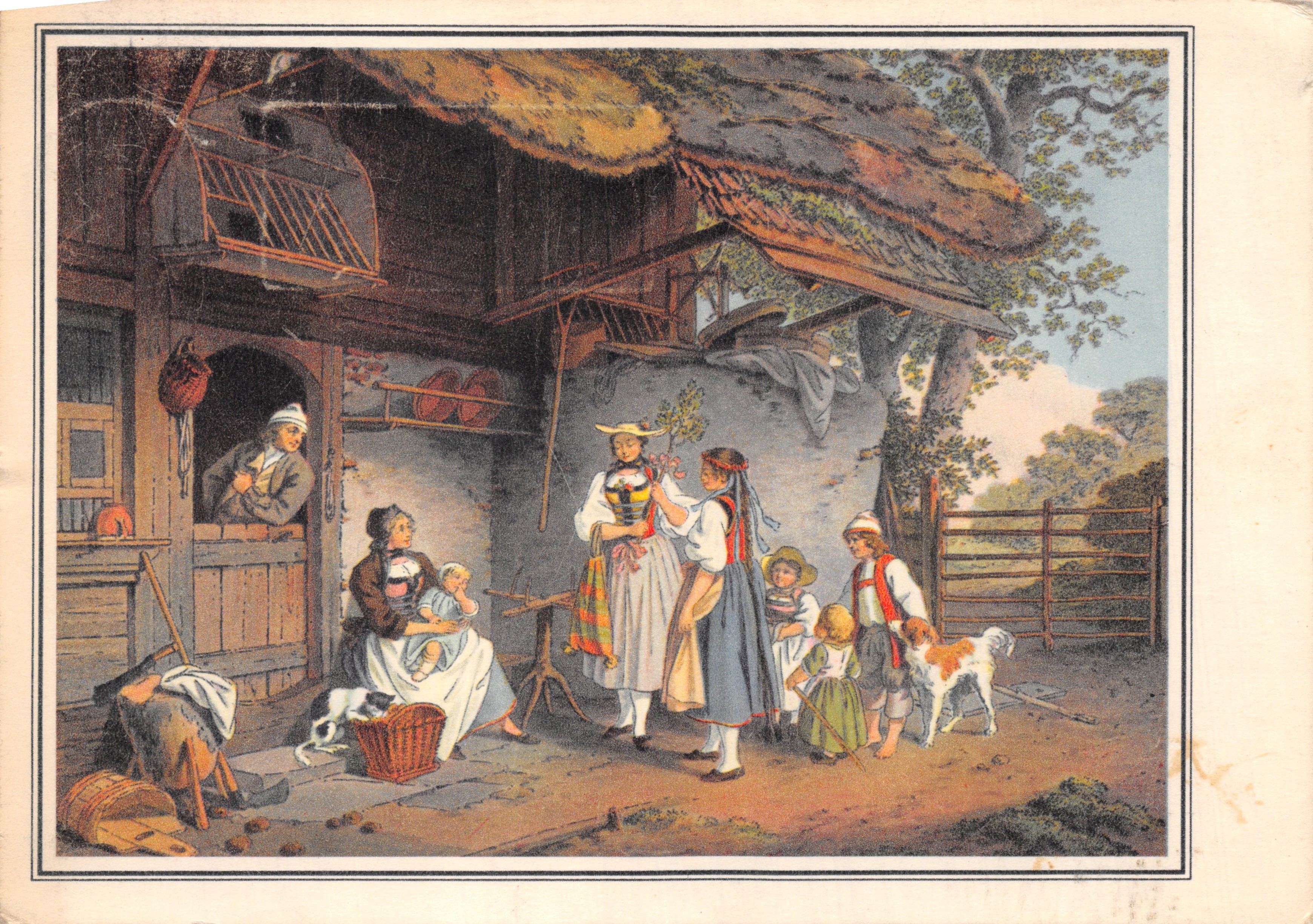 Scène de village — femmes et enfants devant une maison en chaume — éditeur LE DRUCK BÜCHER & CO. BERN