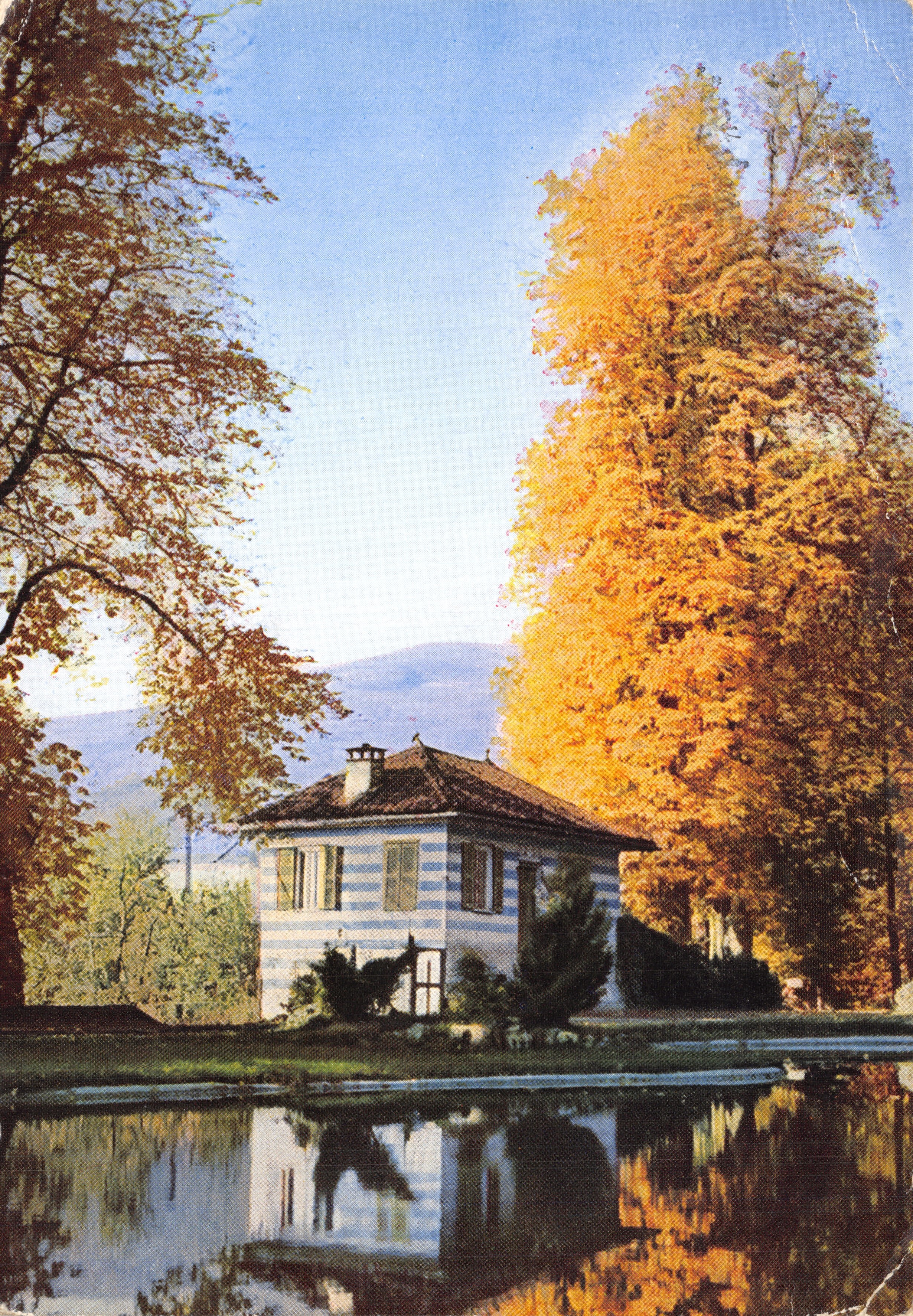 Villa dans un parc — vue d'automne avec reflets dans un étang — éditeur AMILCARE PIZZI S.p.A. - MILANO
