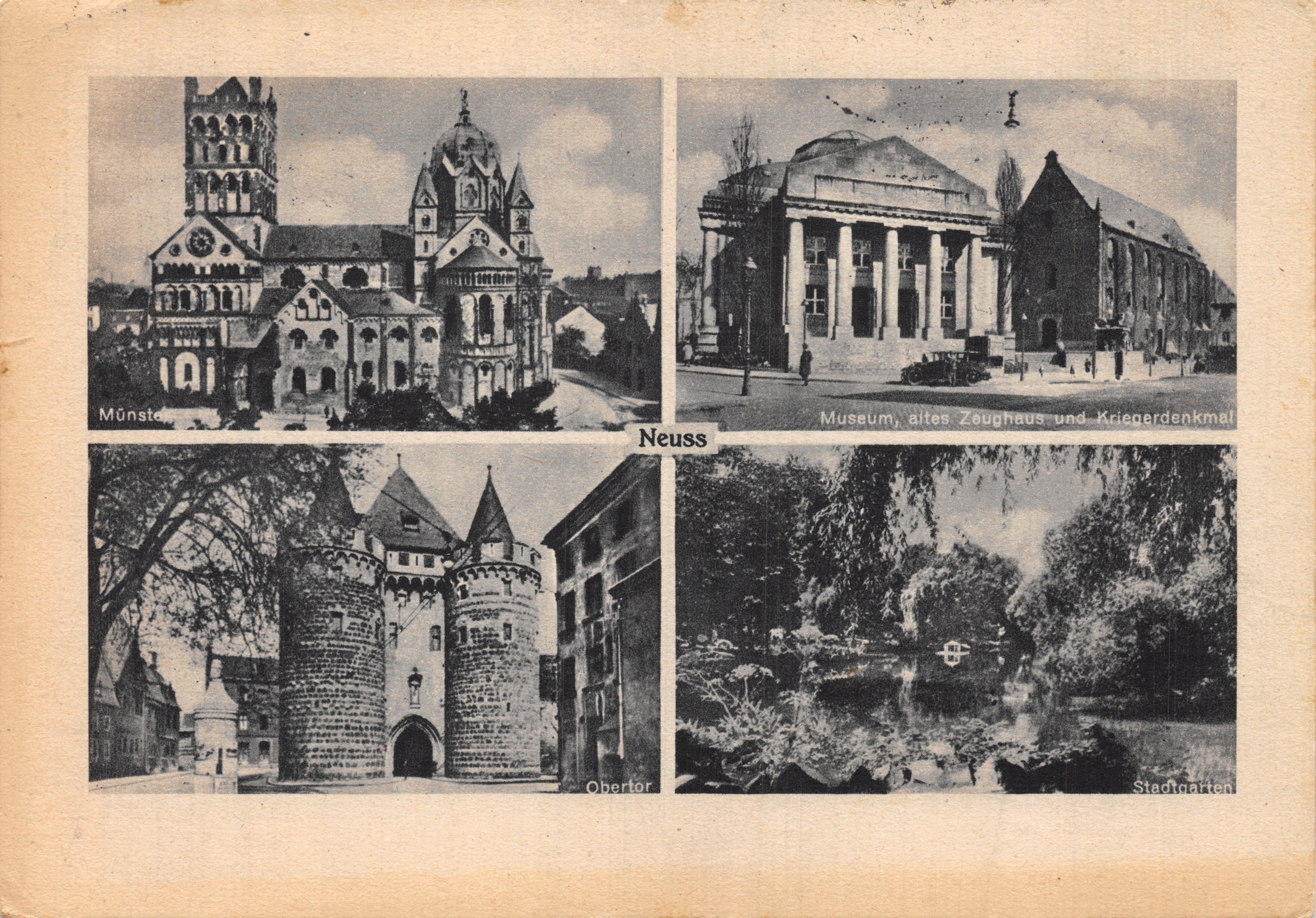 Neuss — vue composite de la cathédrale, du musée, de l'Obertor et du Stadtgarten — éditeur Neuss