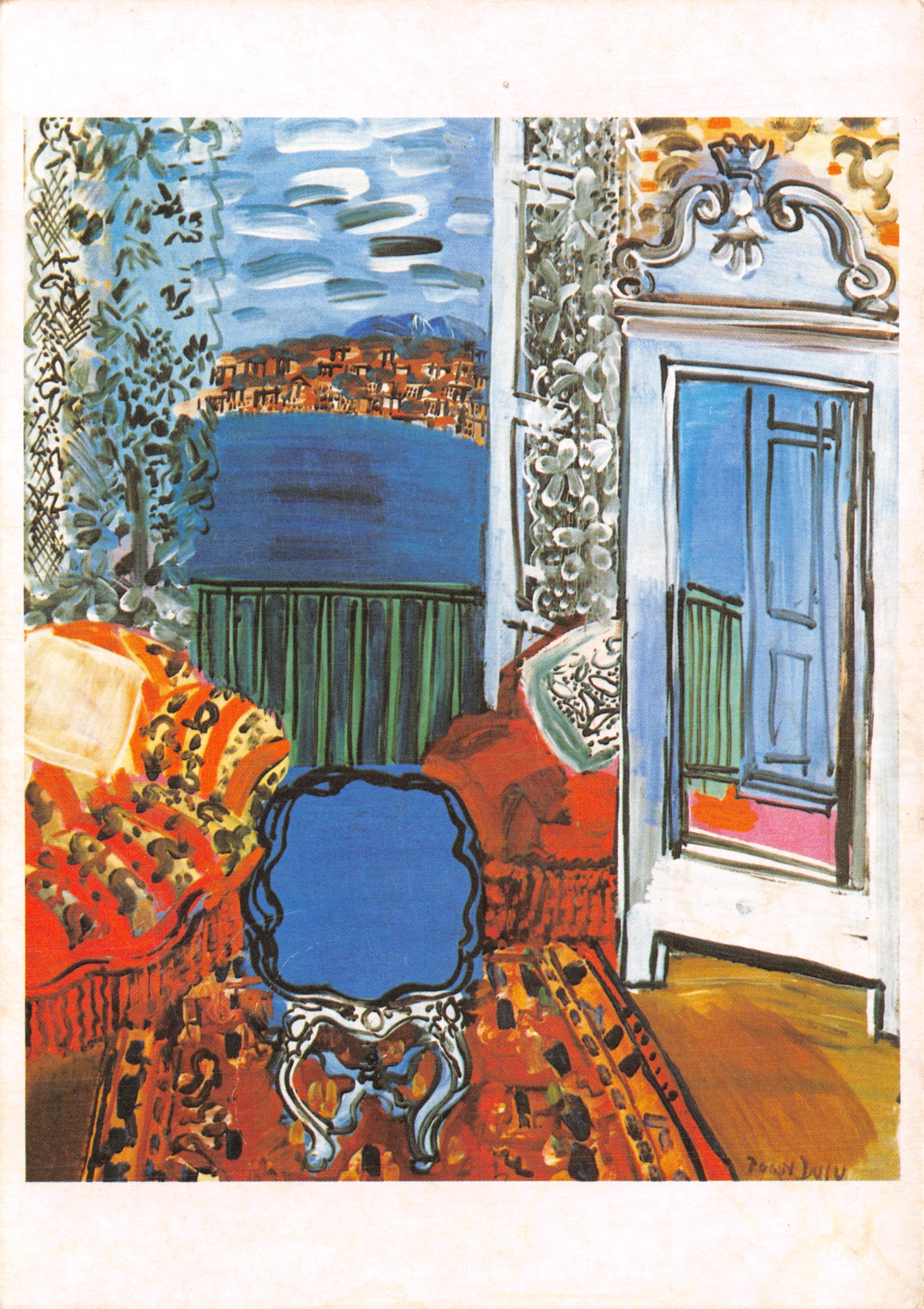 Vue de la mer — intérieur avec fauteuil bleu — Raoul Dufy, signé en bas à droite