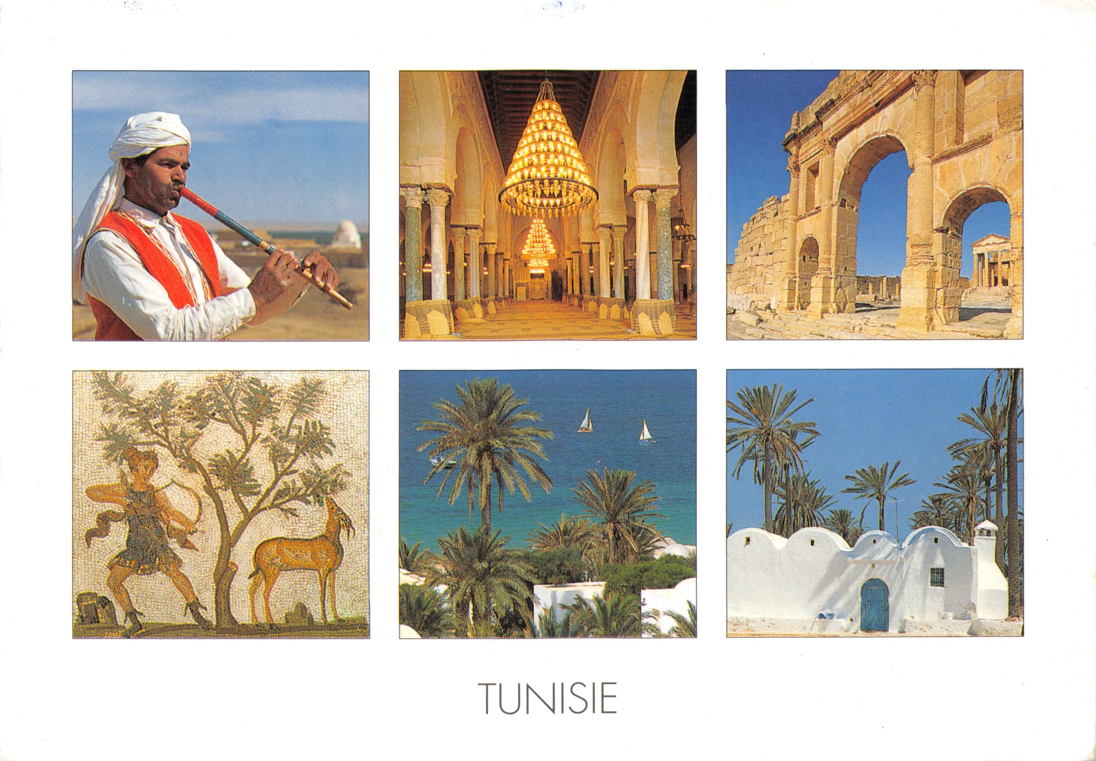 Tunisie — six scènes touristiques (homme au turban, intérieur de mosquée, amphithéâtre, mosaïque, plage, maison blanche) — Impressions de Tunisie, n°801