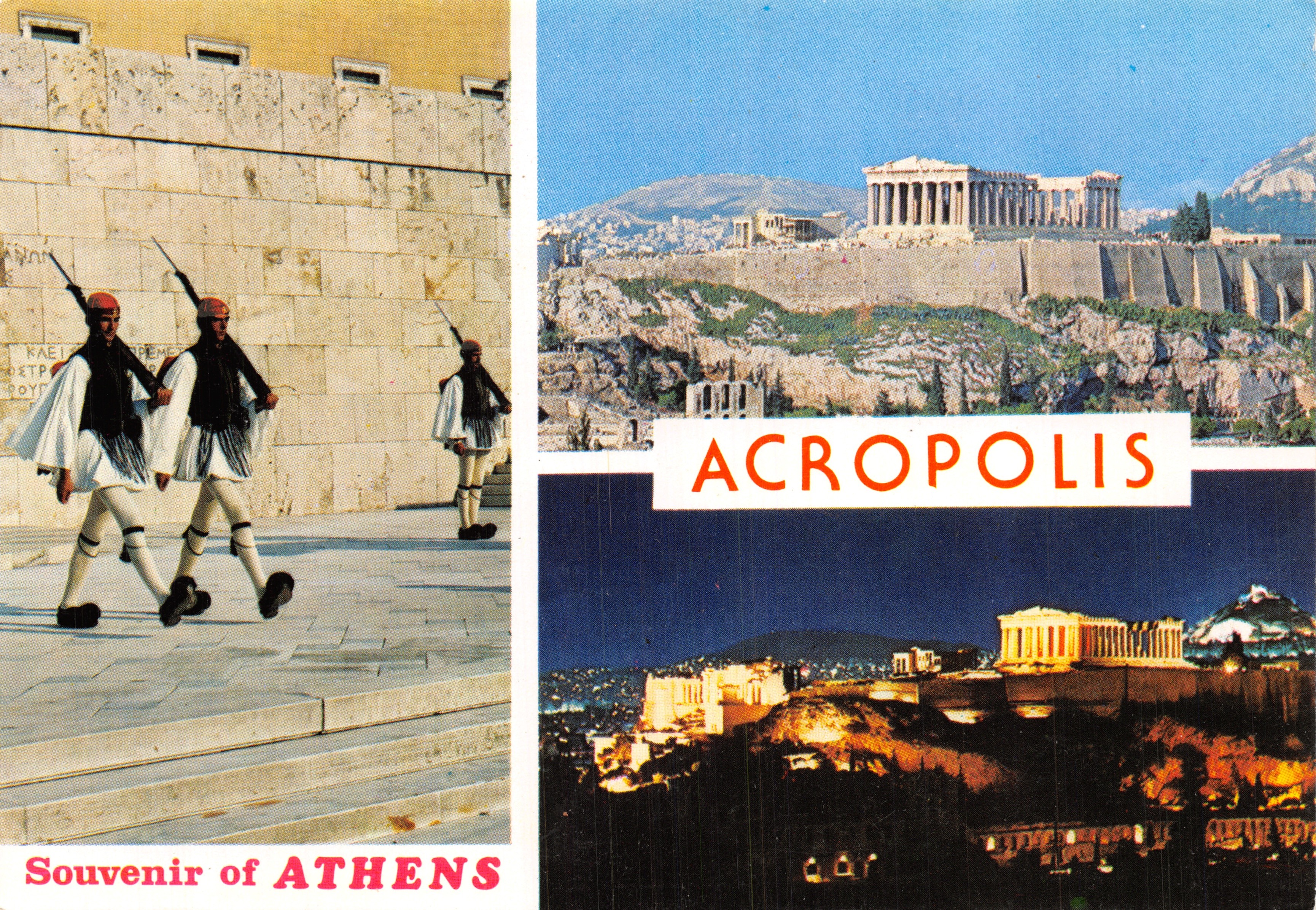 Acropole d'Athènes — vue diurne et nocturne avec gardes en tenue traditionnelle — Éditeur : Εκδοτικός οίκος ΑΘΗΝΑΙ (Athènes, Grèce)